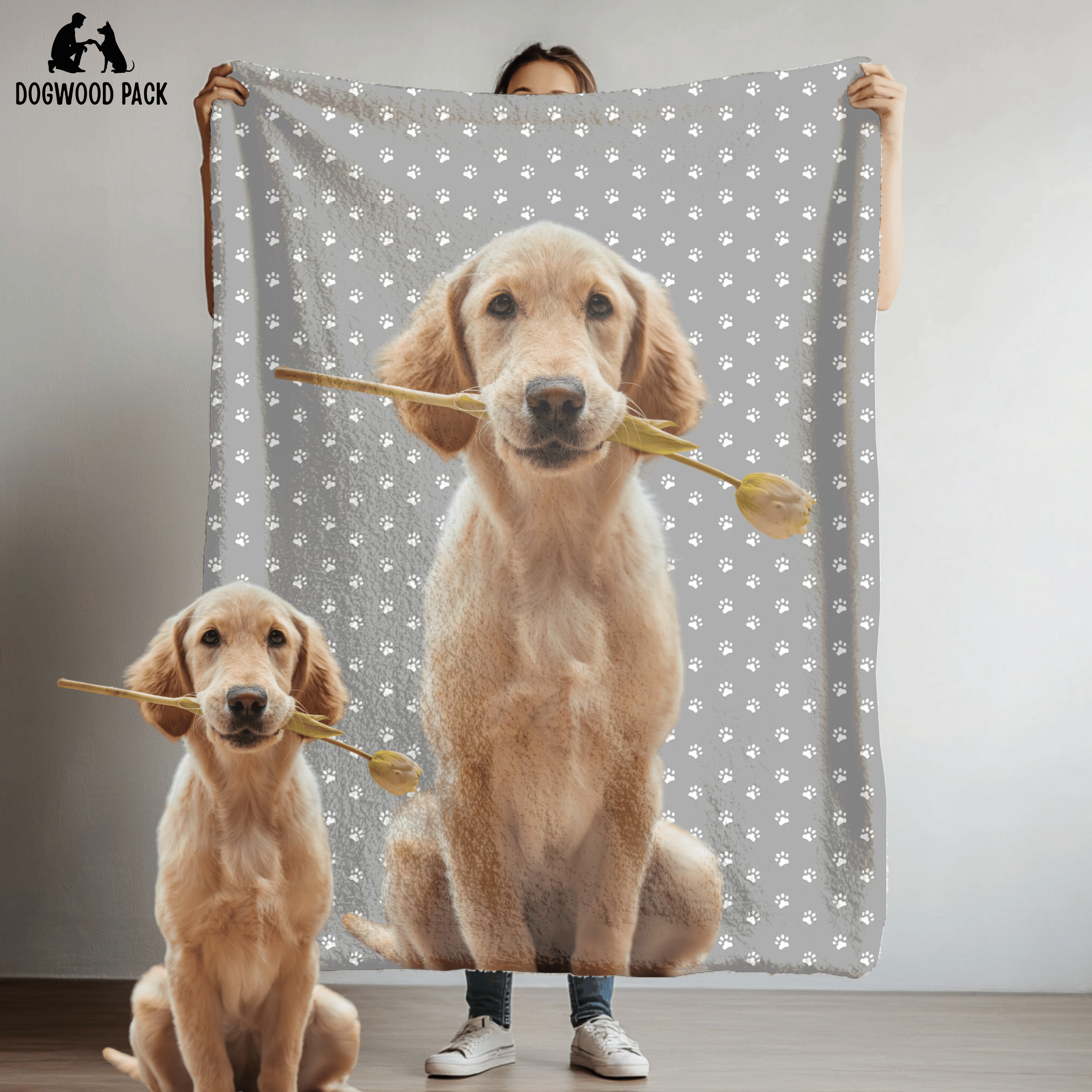 custom portrait dog blanket with a paw print design on a light grey background