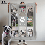 custom dog blanket with pet photo design and name on light grey background