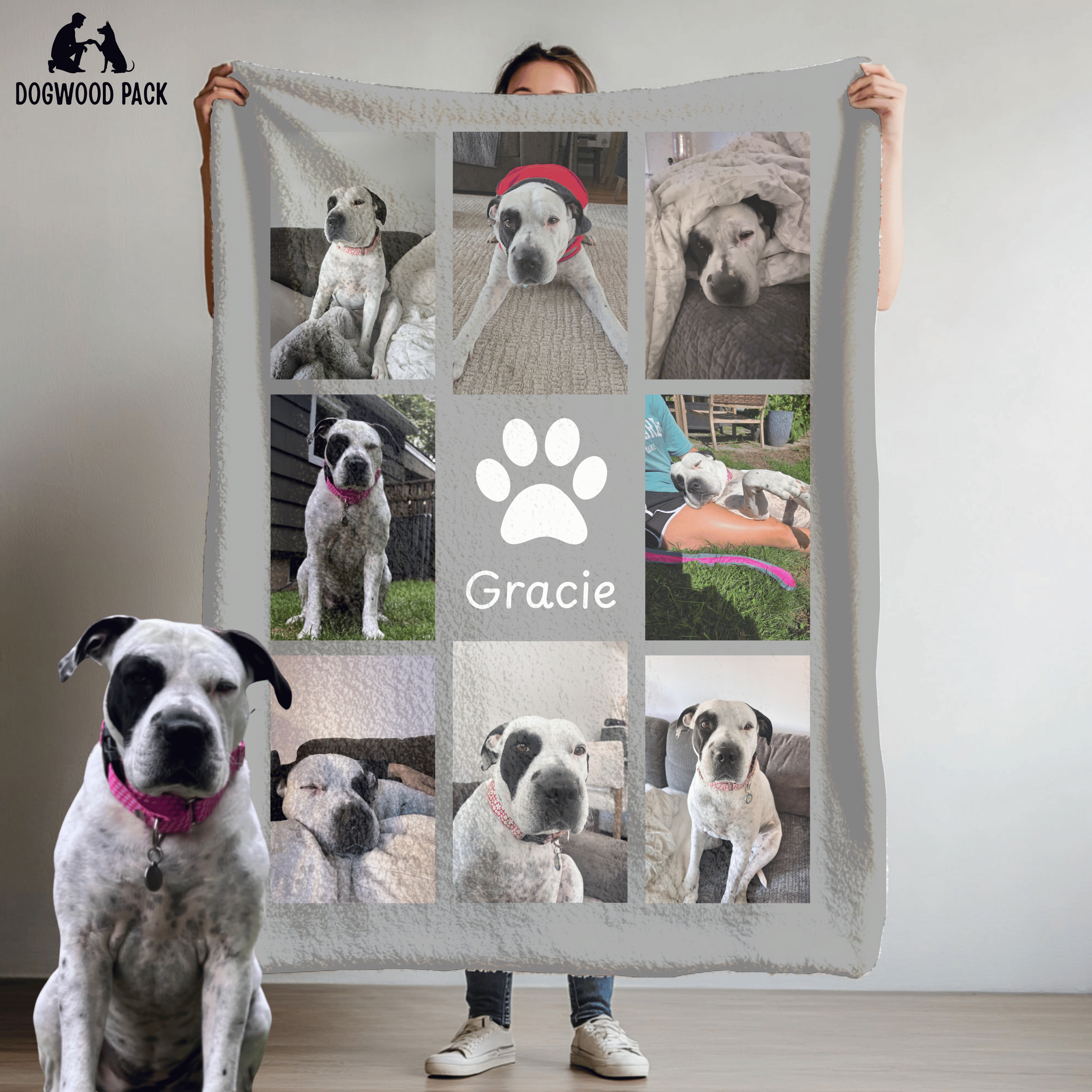 custom dog blanket with pet photo design and name on light grey background