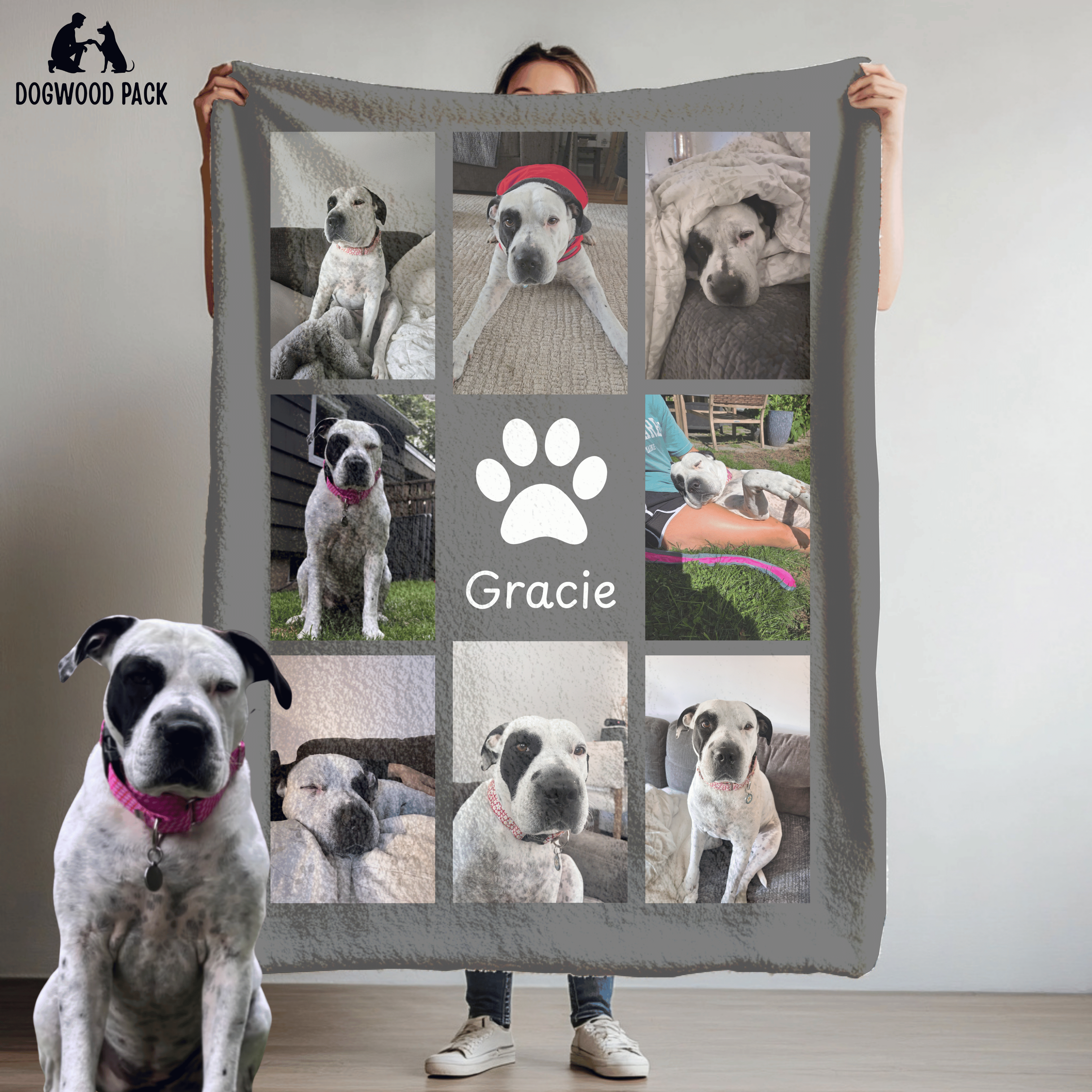 custom dog blanket with pet photo design and name on grey background