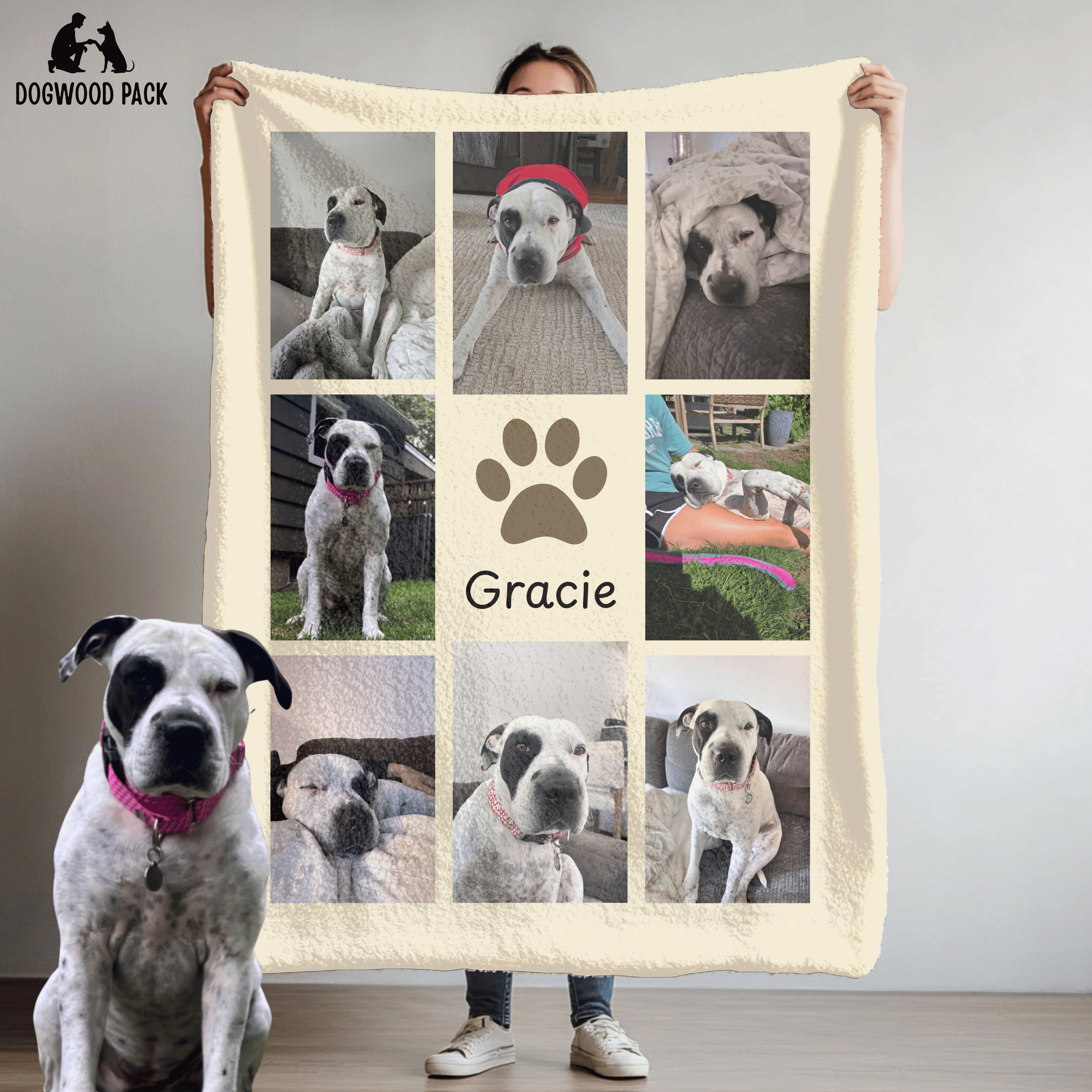 custom dog blanket with pet photo design and name on beige background