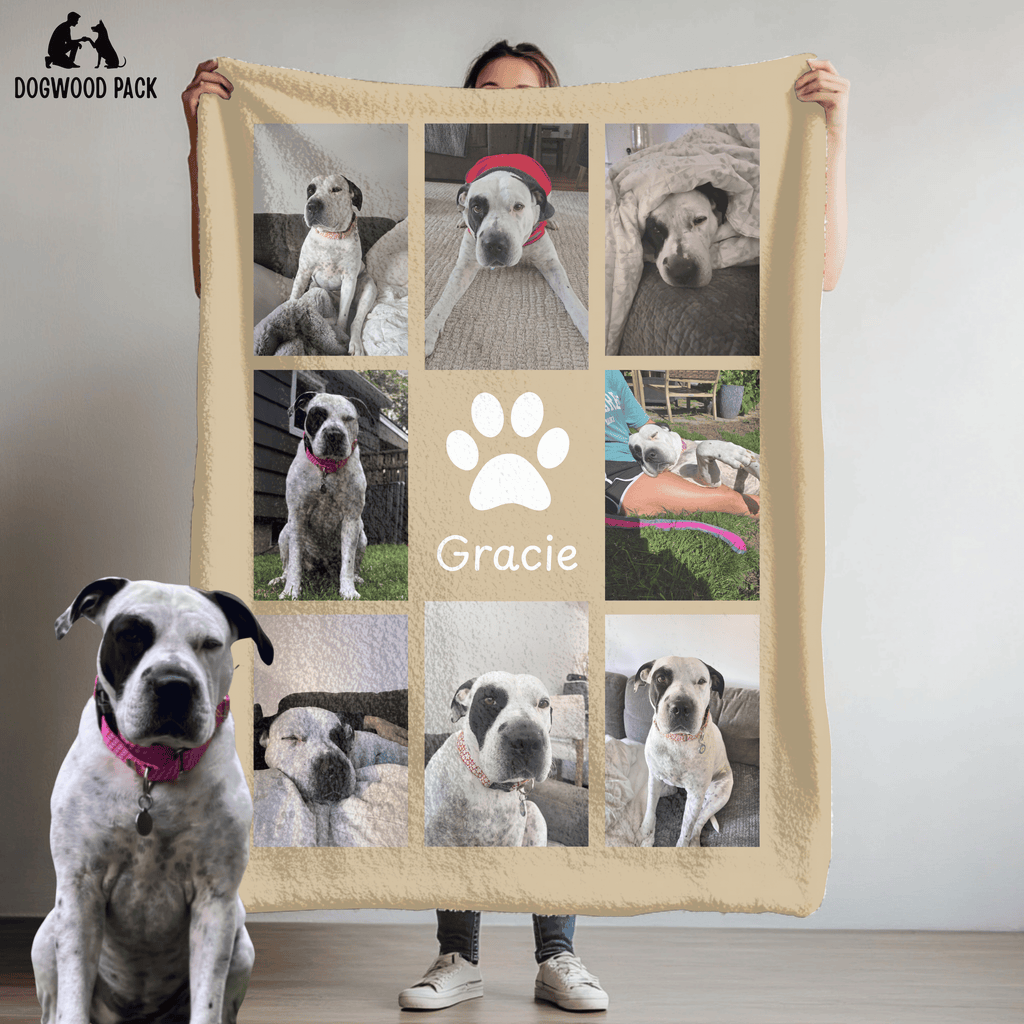 custom dog blanket with pet photo design and name on tan background