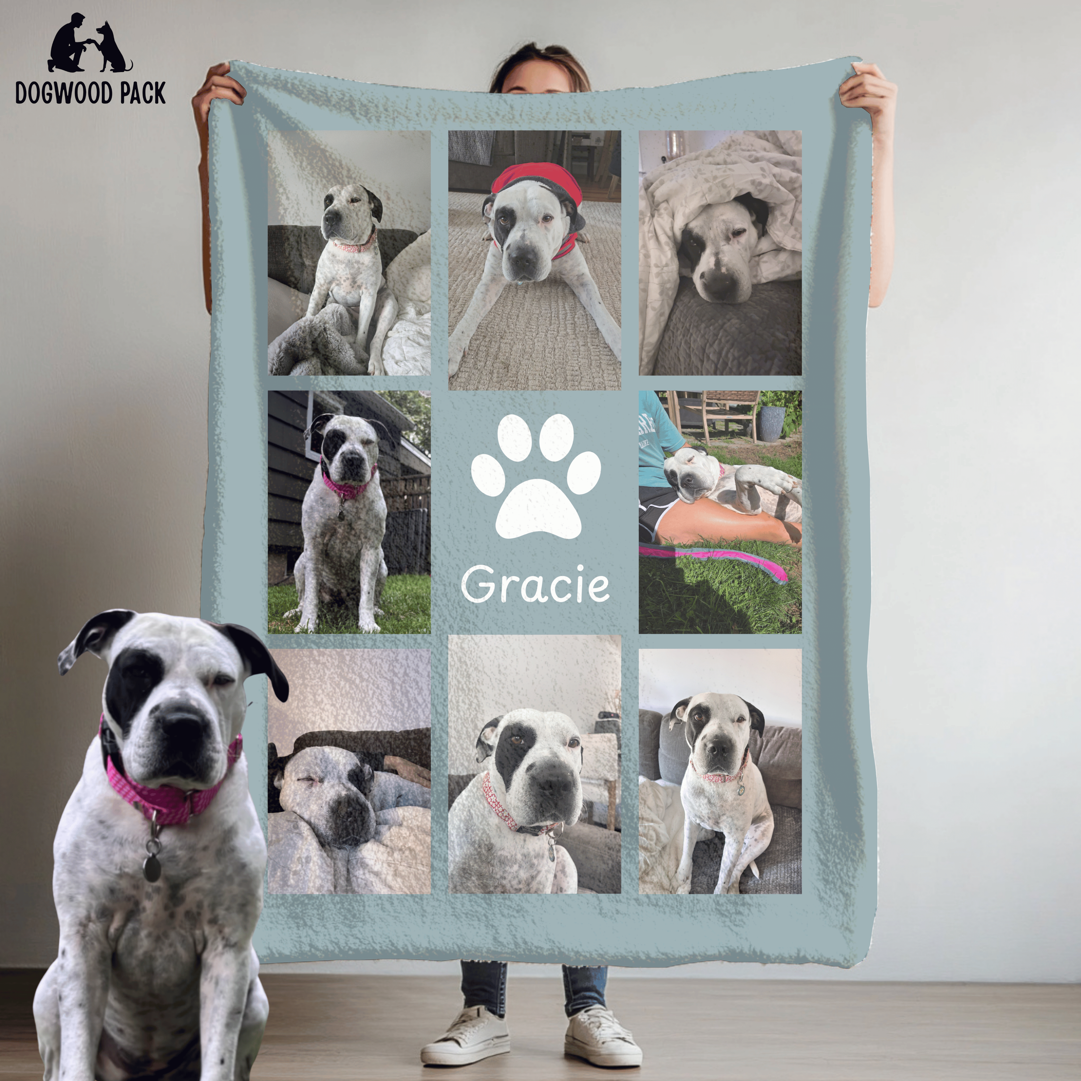 custom dog blanket with pet photo design and name on blue background