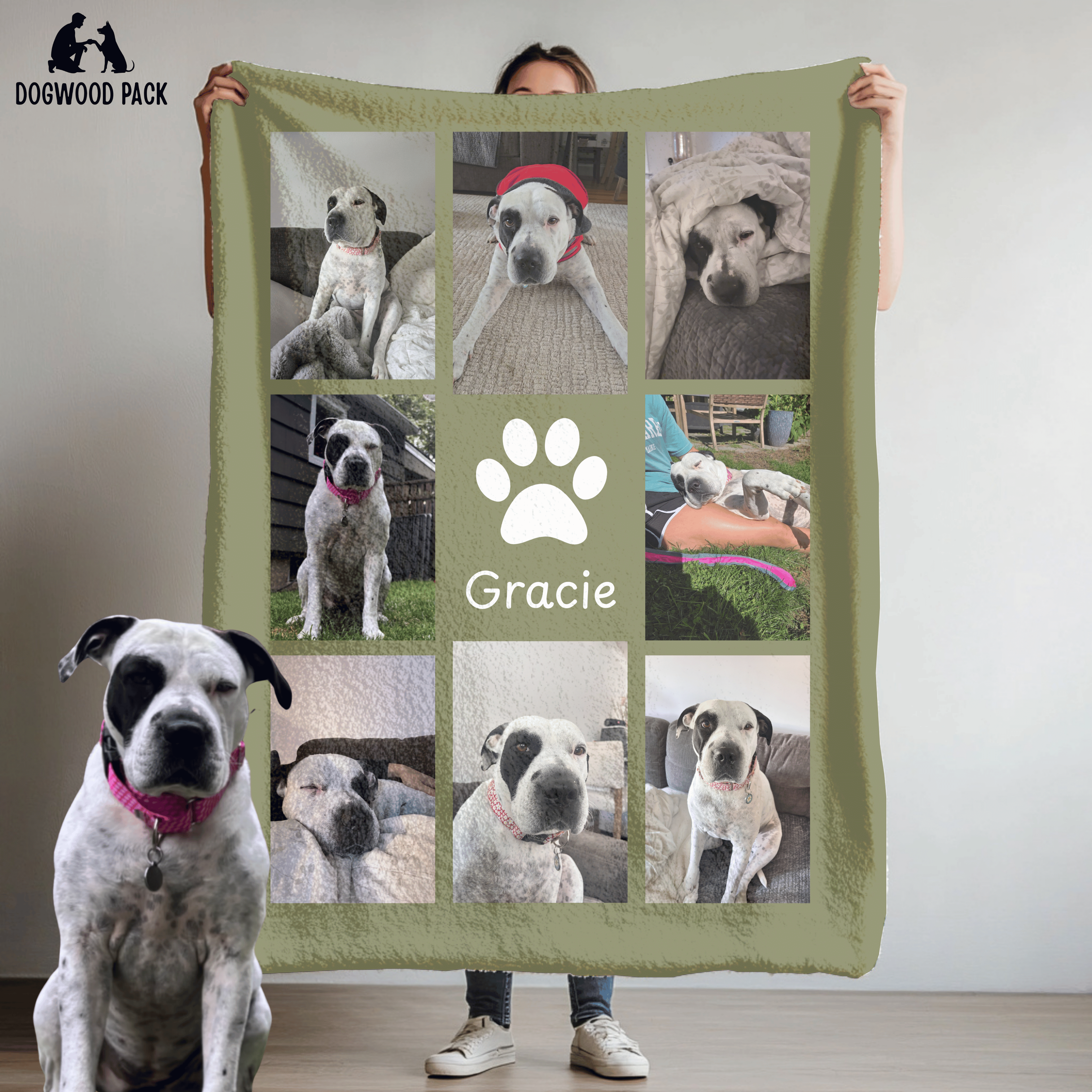 custom dog blanket with pet photo design and name on green background