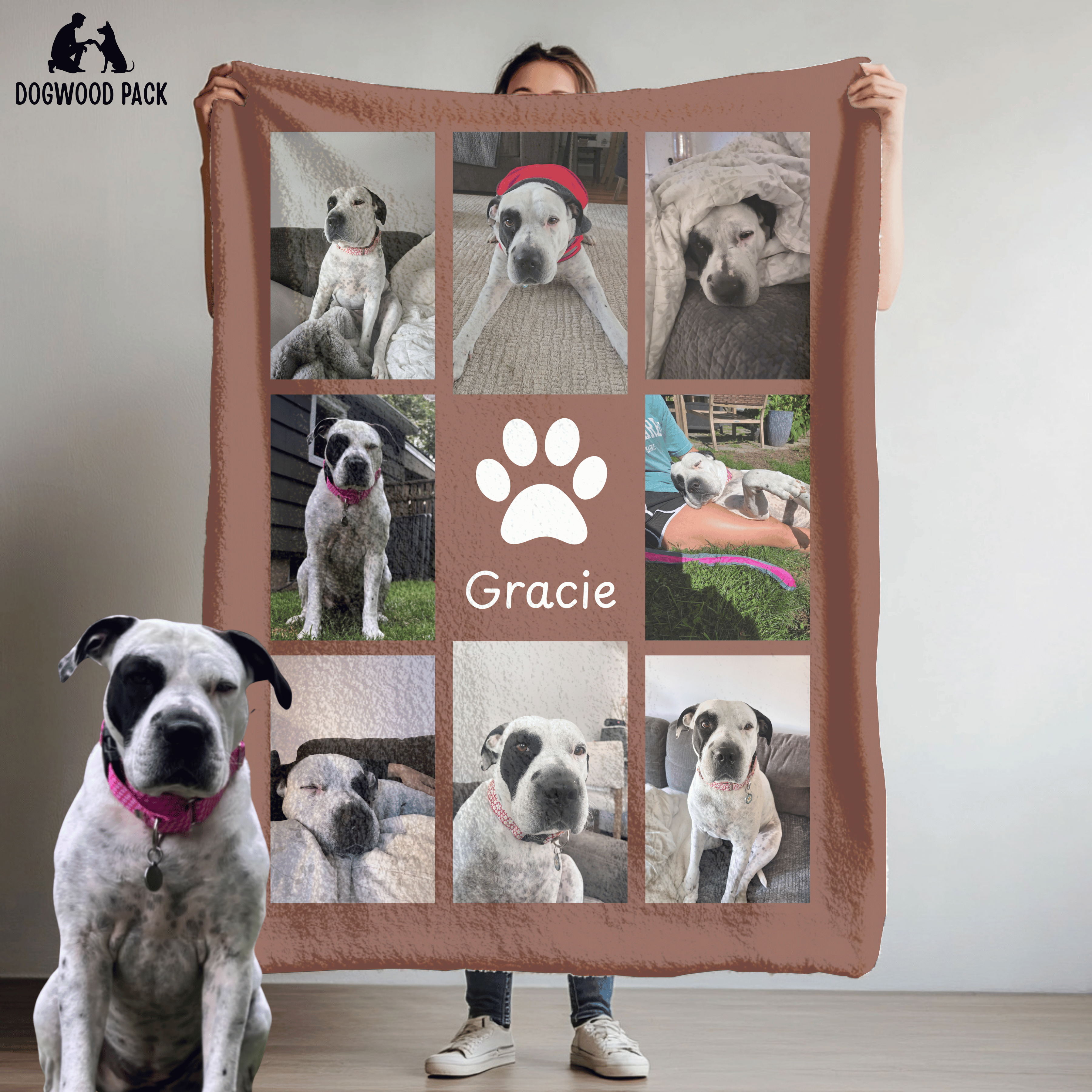 custom dog blanket with pet photo design and name on red background