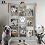 custom dog blanket with pet photo design and name with multiple pets on light grey background