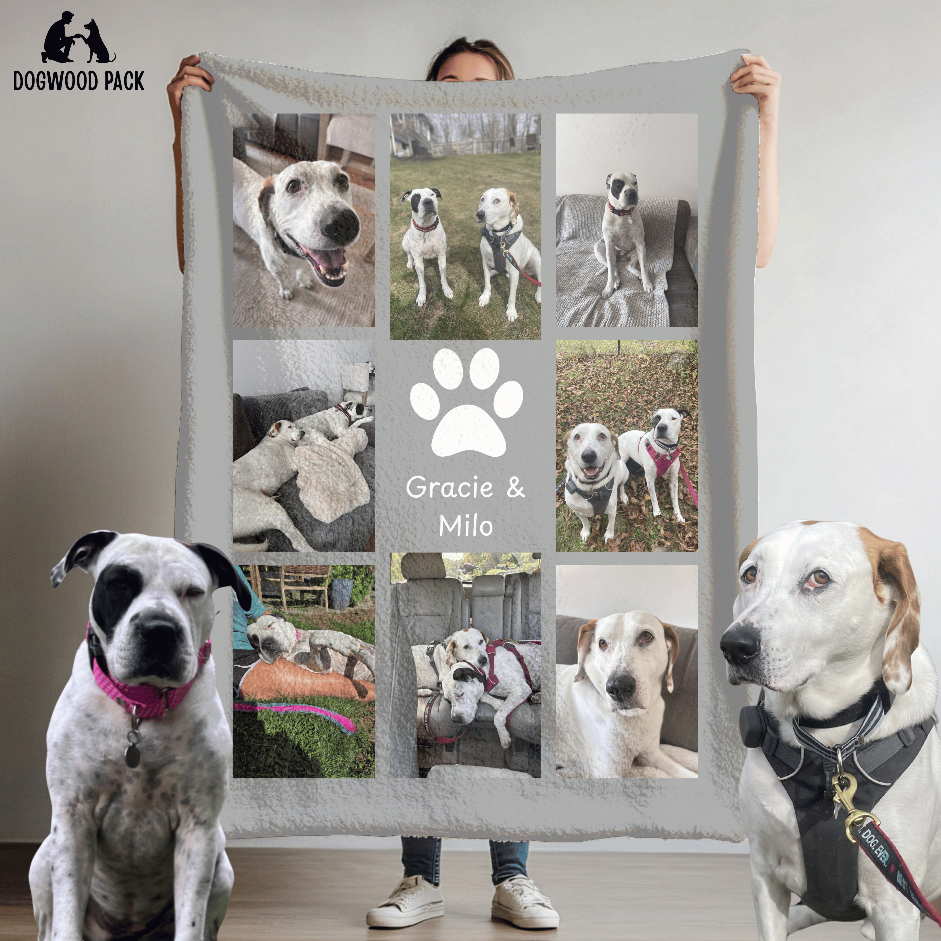 custom dog blanket with pet photo design and name with multiple pets on light grey background
