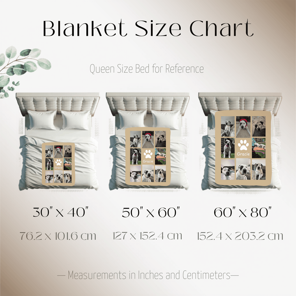 Blanket size guide for Dogwood Pack custom photo dog blanket with photo and name in plush and sherpa fabrics