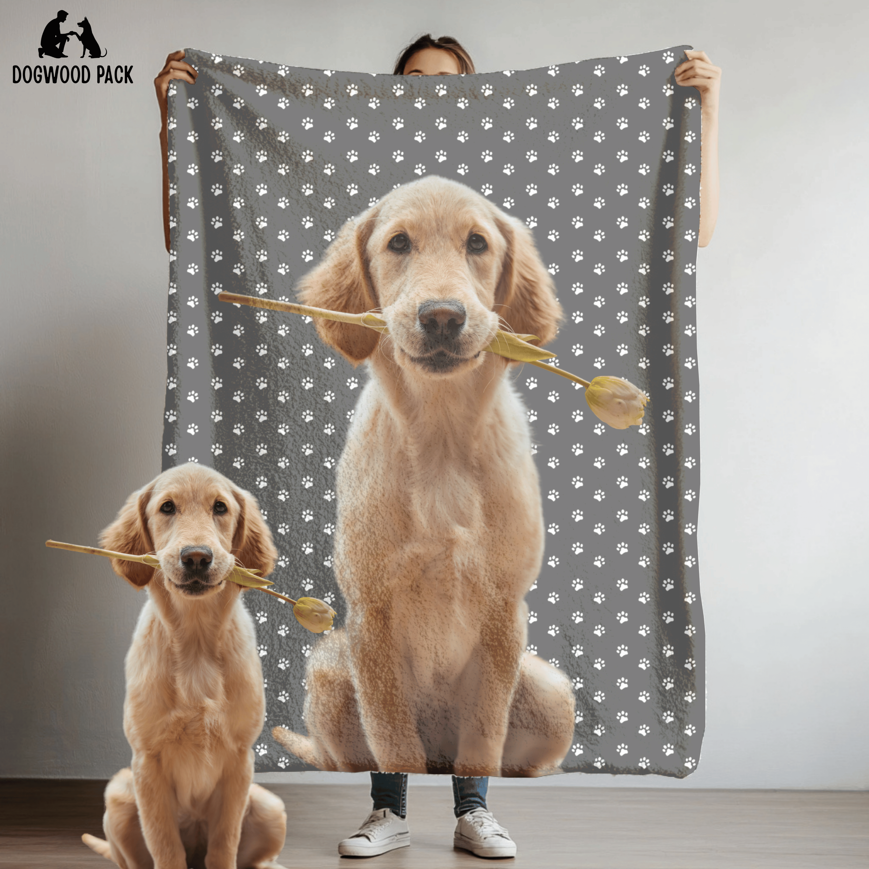 custom portrait dog blanket with a paw print design on a grey background