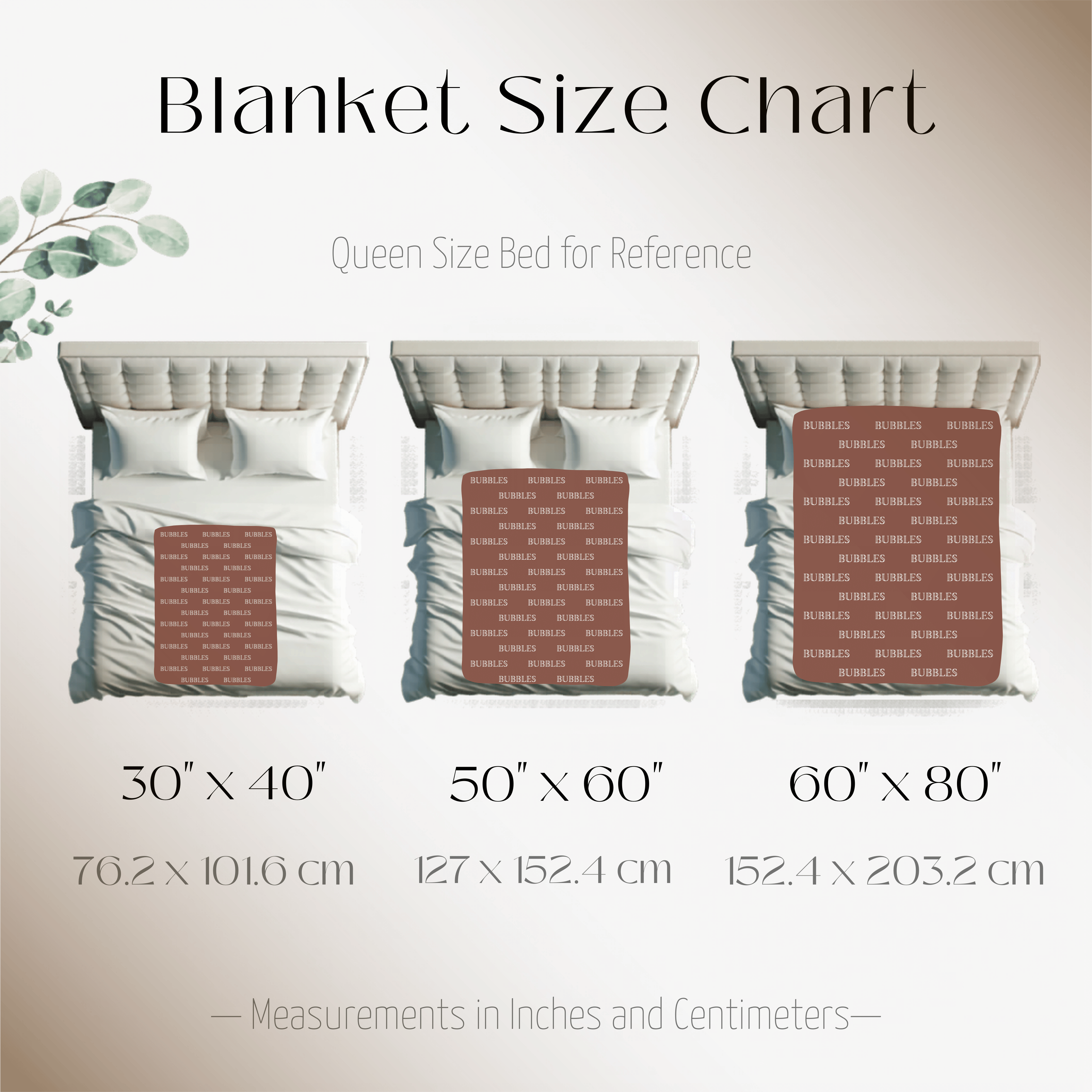 Blanket size guide for Dogwood Pack custom dog blanket with bubble name in plush and sherpa fabrics