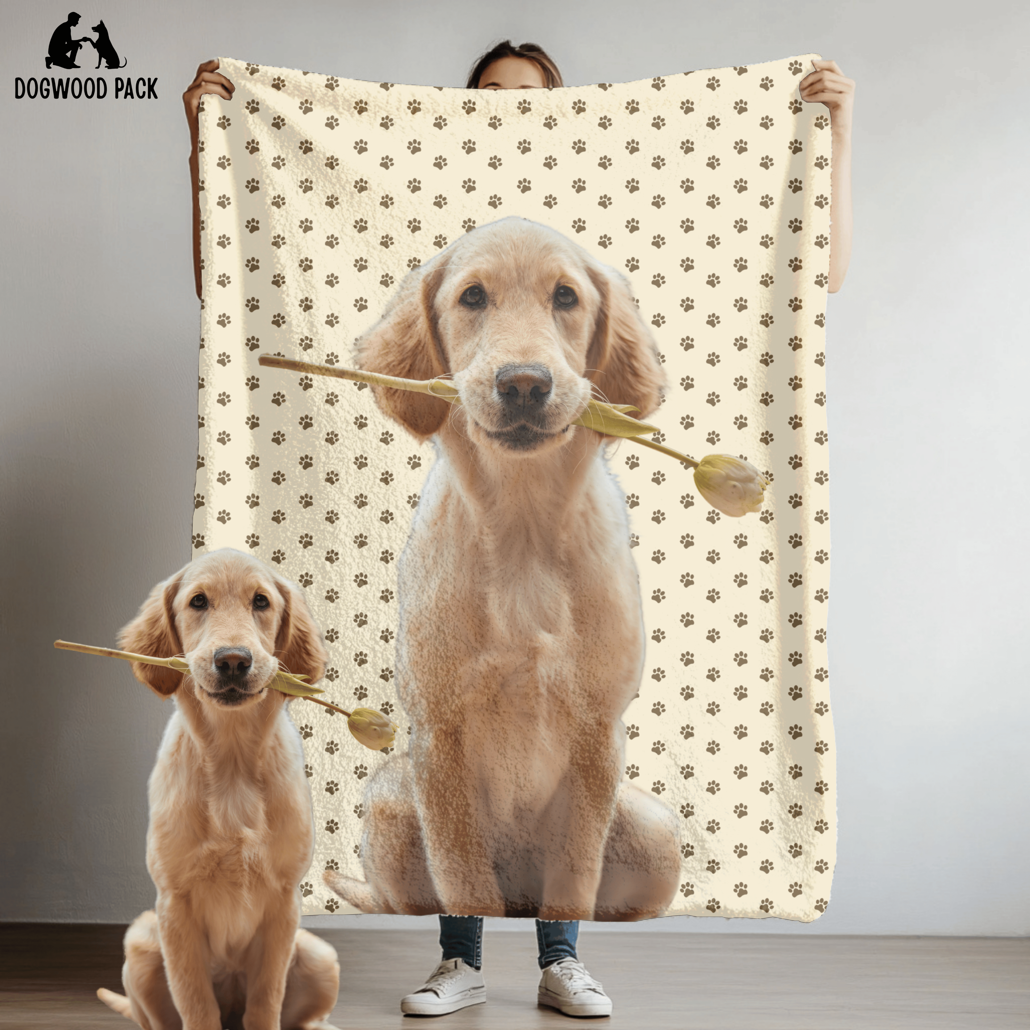 custom portrait dog blanket with a paw print design on a beige background