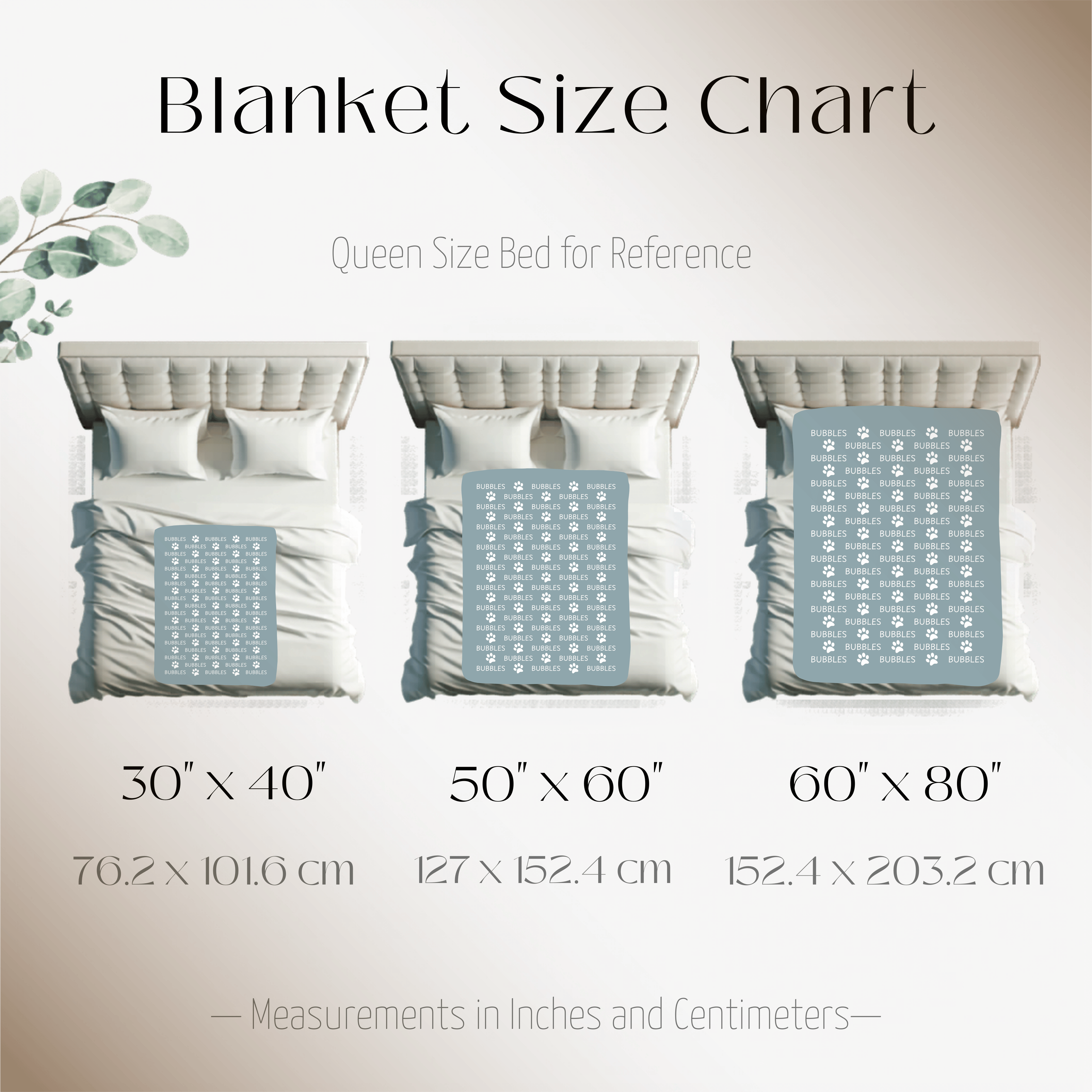 Blanket size guide for Dogwood Pack custom dog blanket with name and paw design in plush and sherpa fabrics