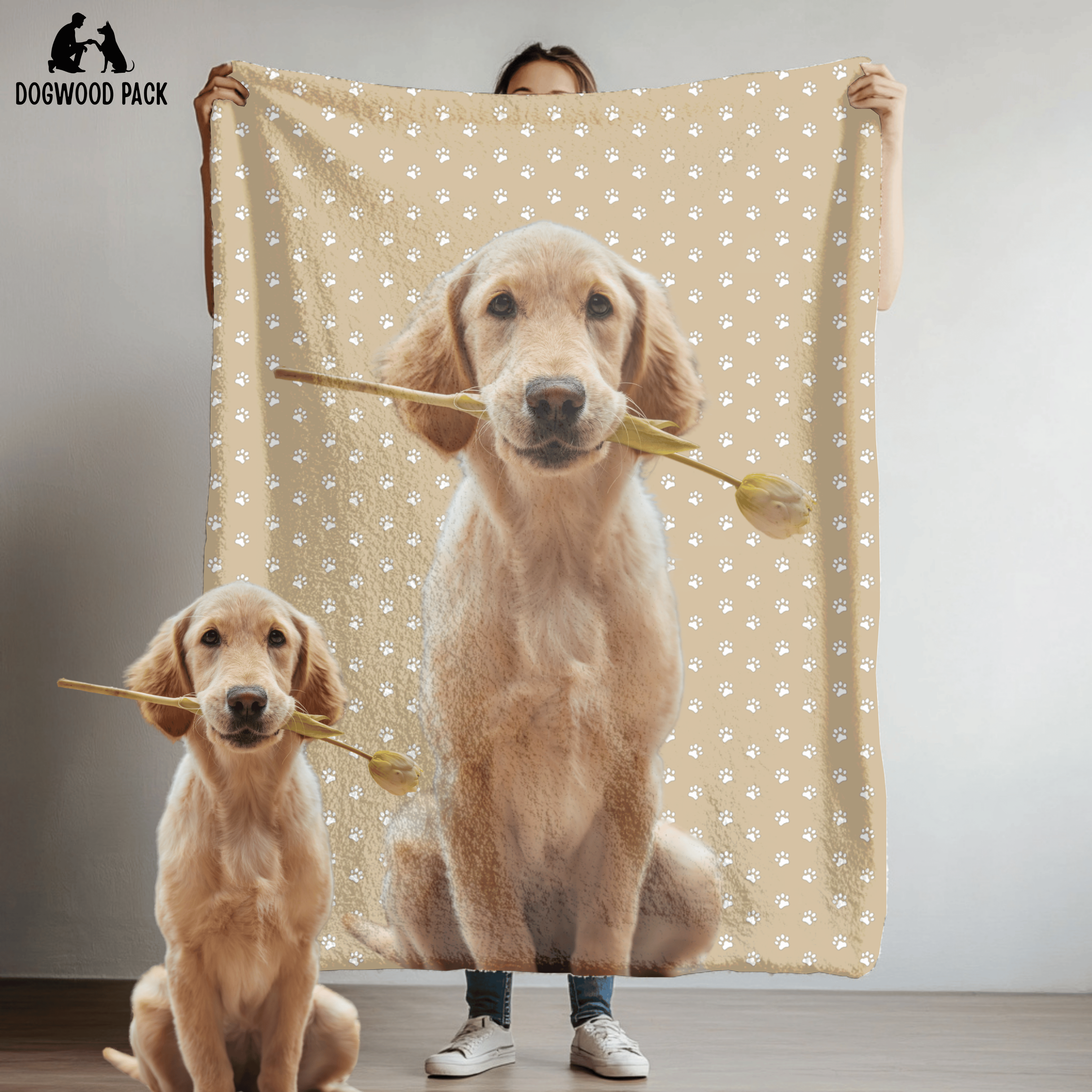 custom portrait dog blanket with a paw print design on a tan background