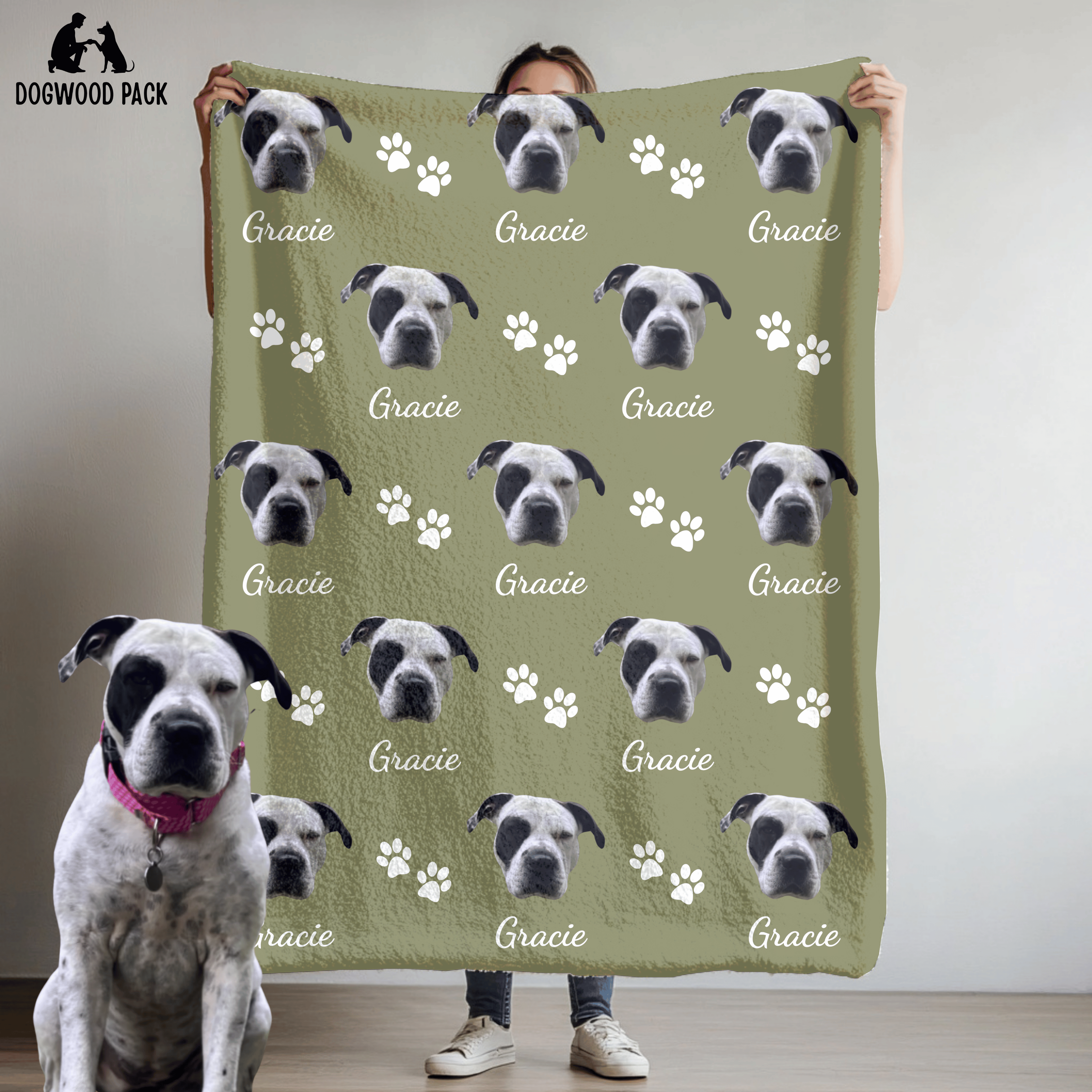 custom dog blanket with face and name with a paw-print design on a green background
