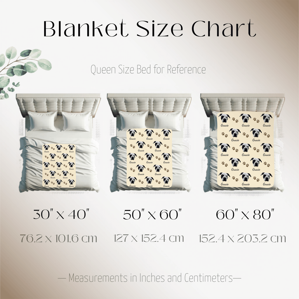 Blanket size guide for Dogwood Pack custom dog blanket with face and name in plush and sherpa fabrics