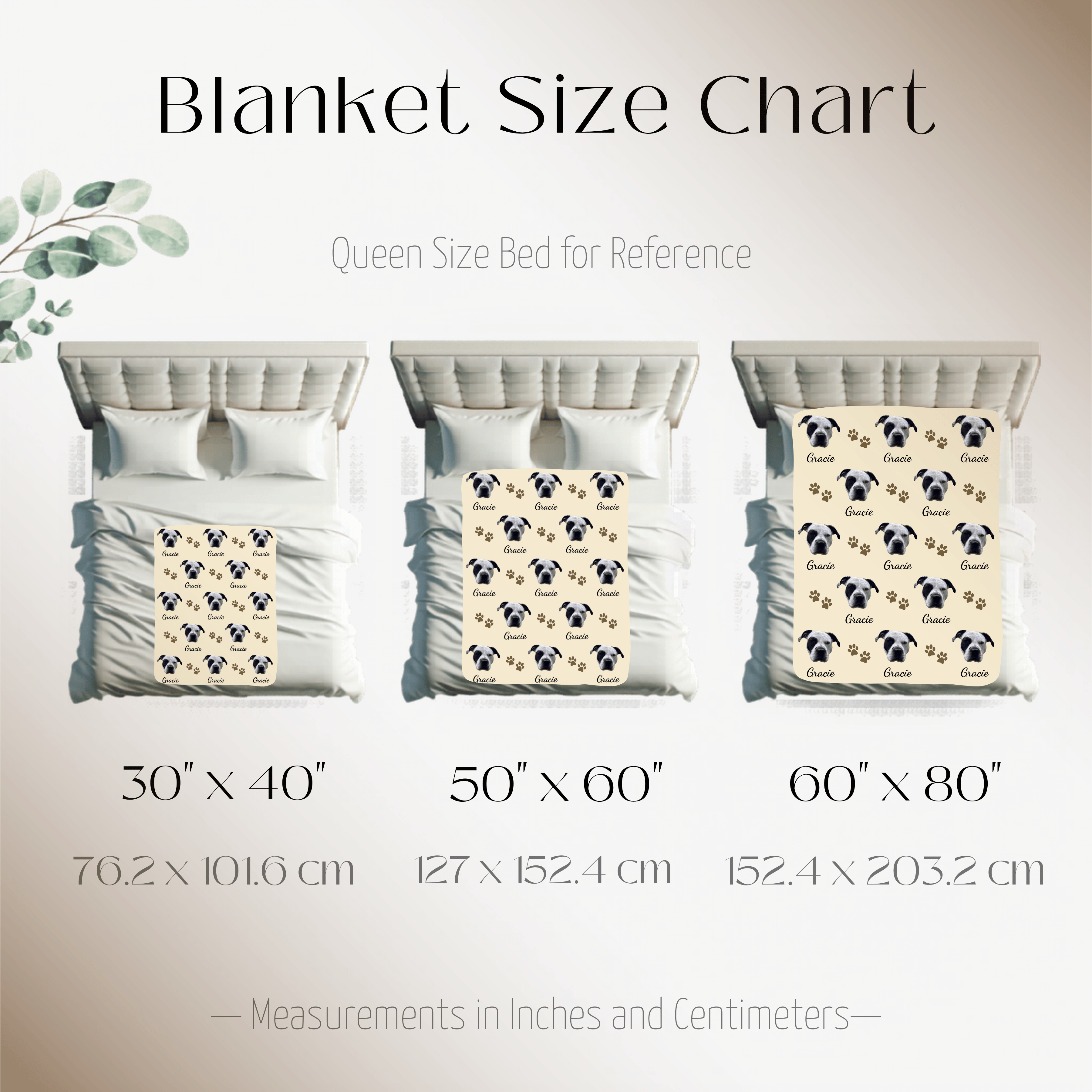 Blanket size guide for Dogwood Pack custom dog blanket with face and name in plush and sherpa fabrics