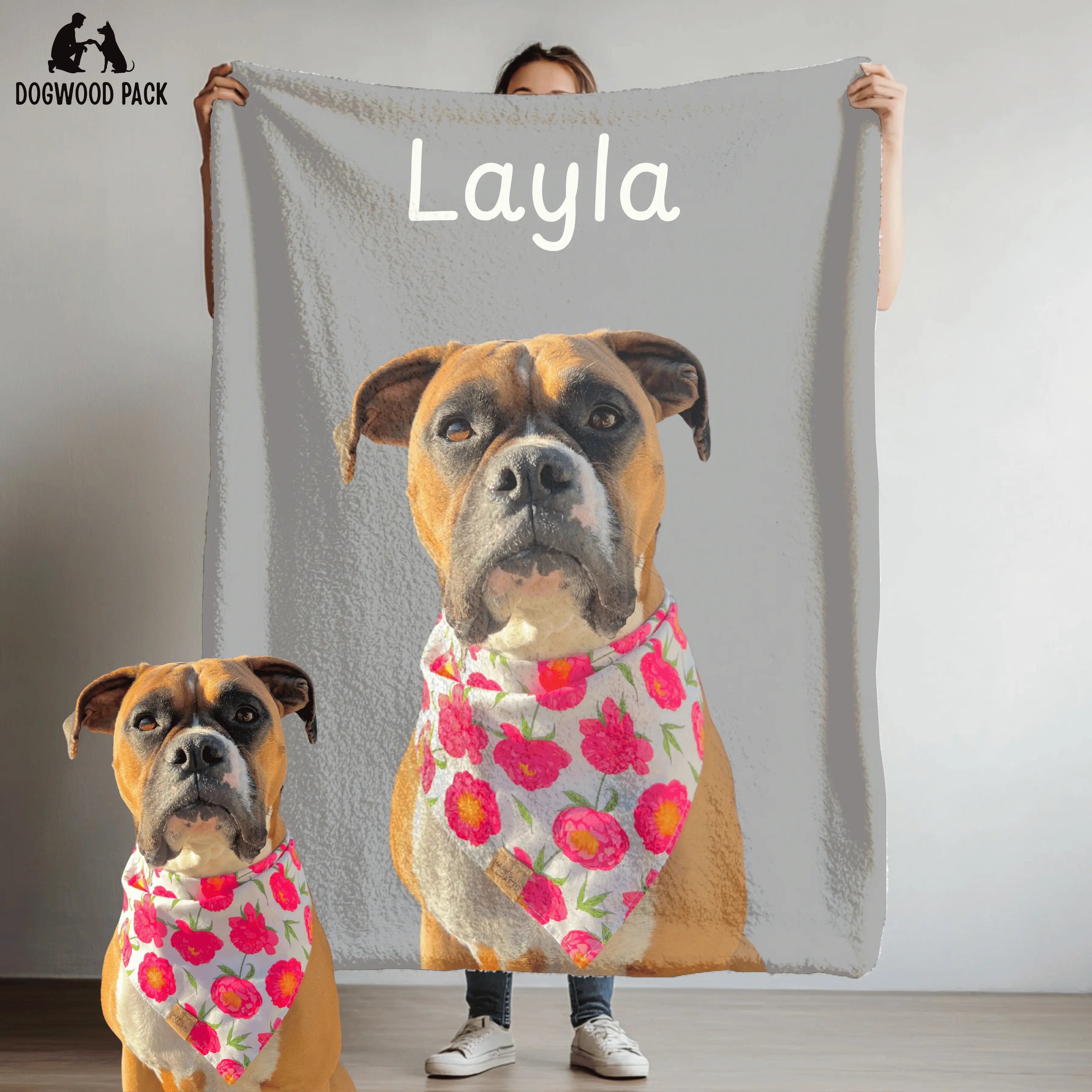 custom portrait dog blanket with name with a light grey background