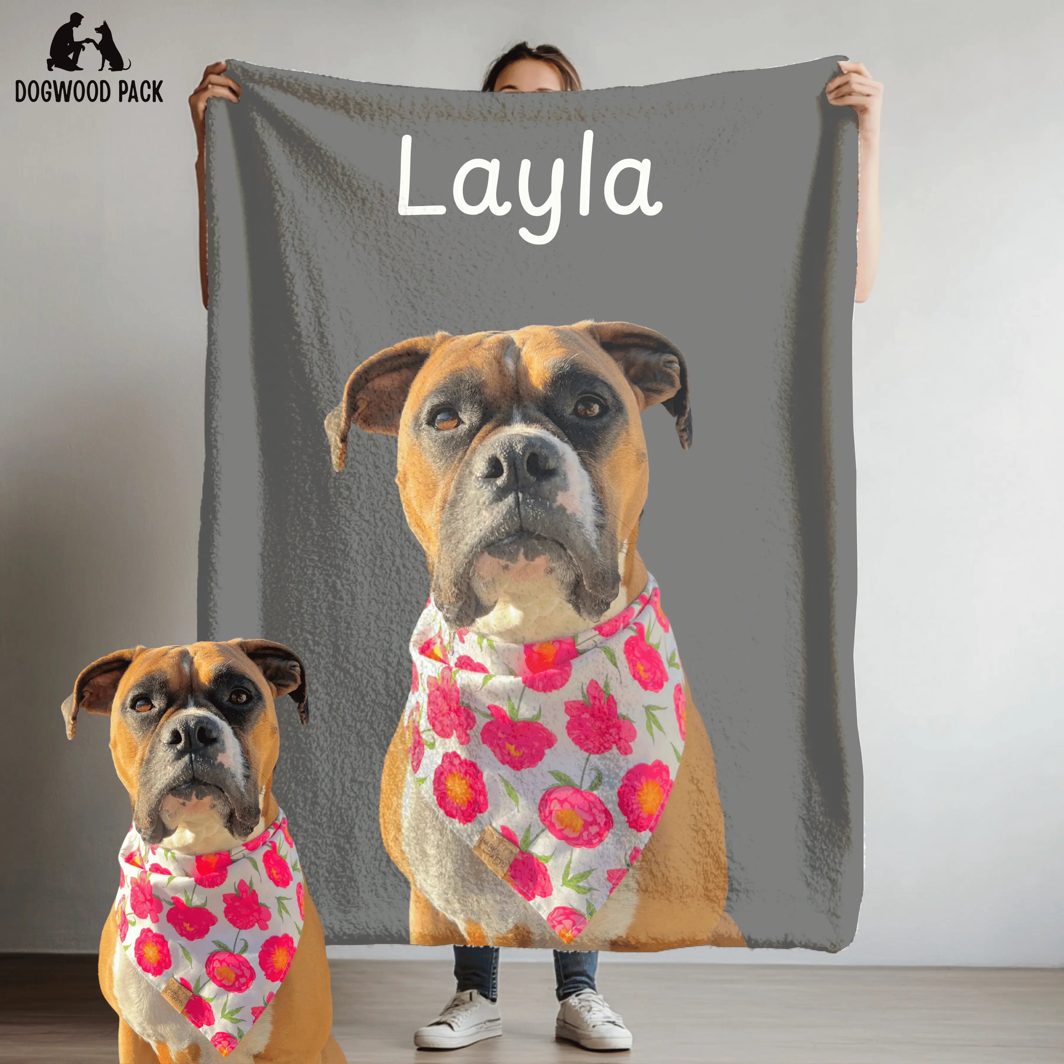 custom portrait dog blanket with name with a grey background