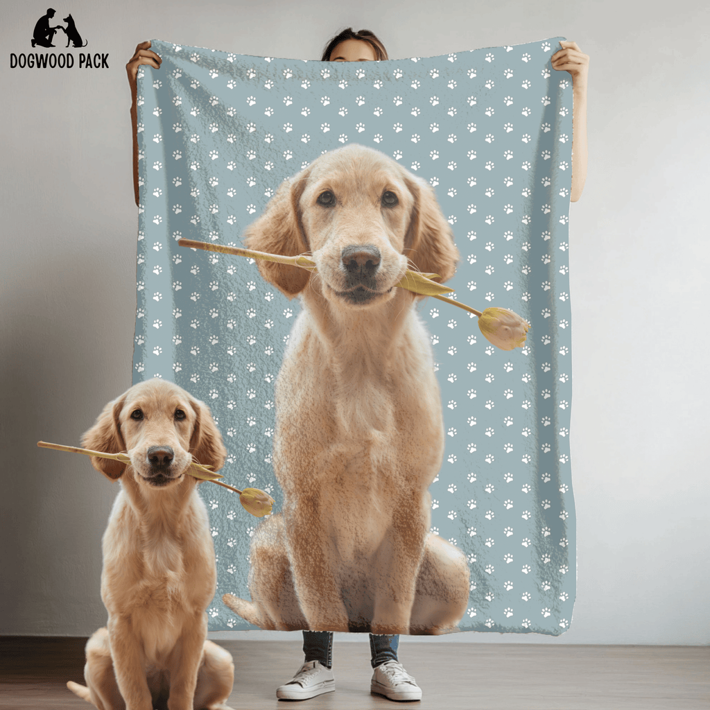 custom portrait dog blanket with a paw print design on a blue background