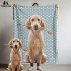 custom portrait dog blanket with a paw print design on a blue background