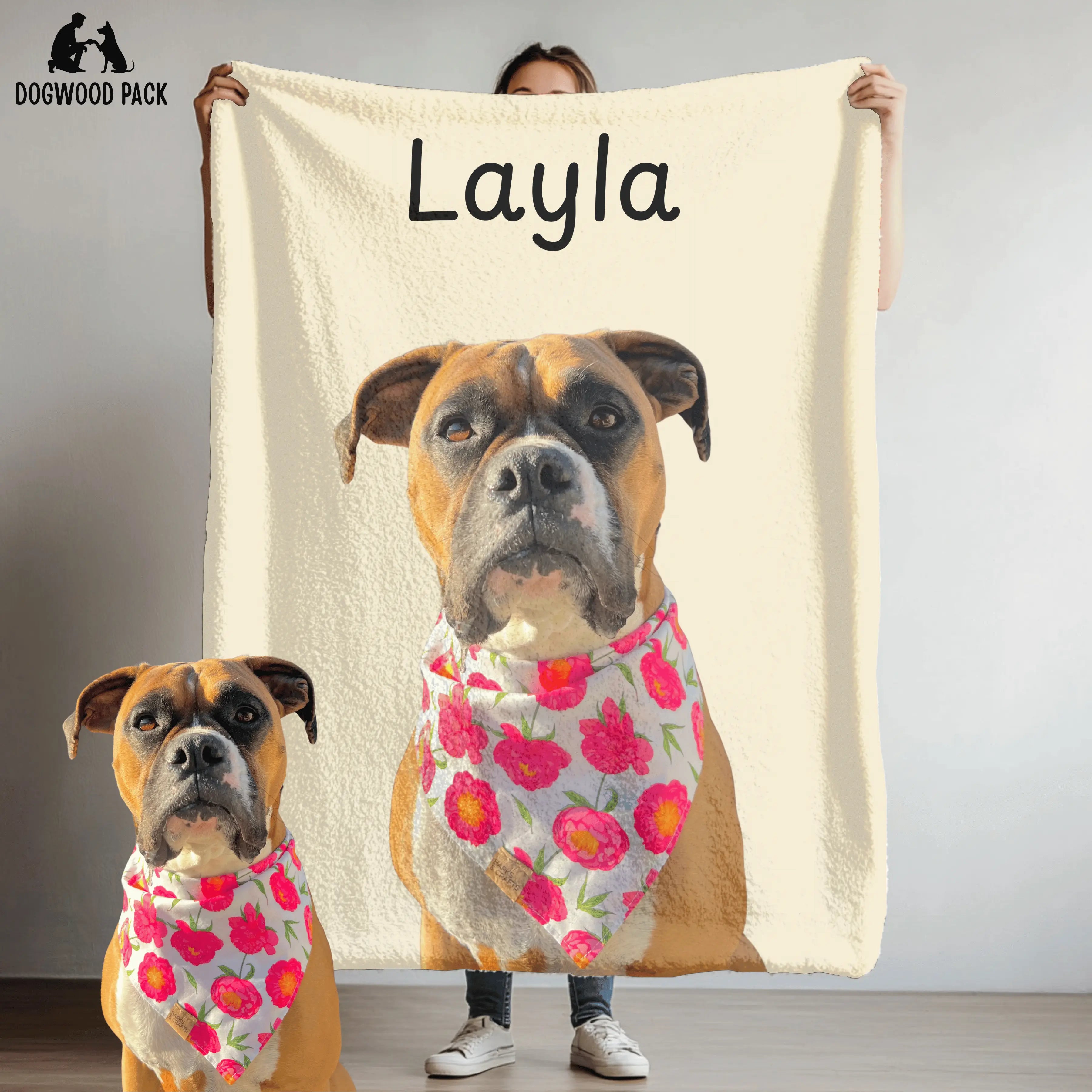 custom portrait dog blanket with name with a beige background