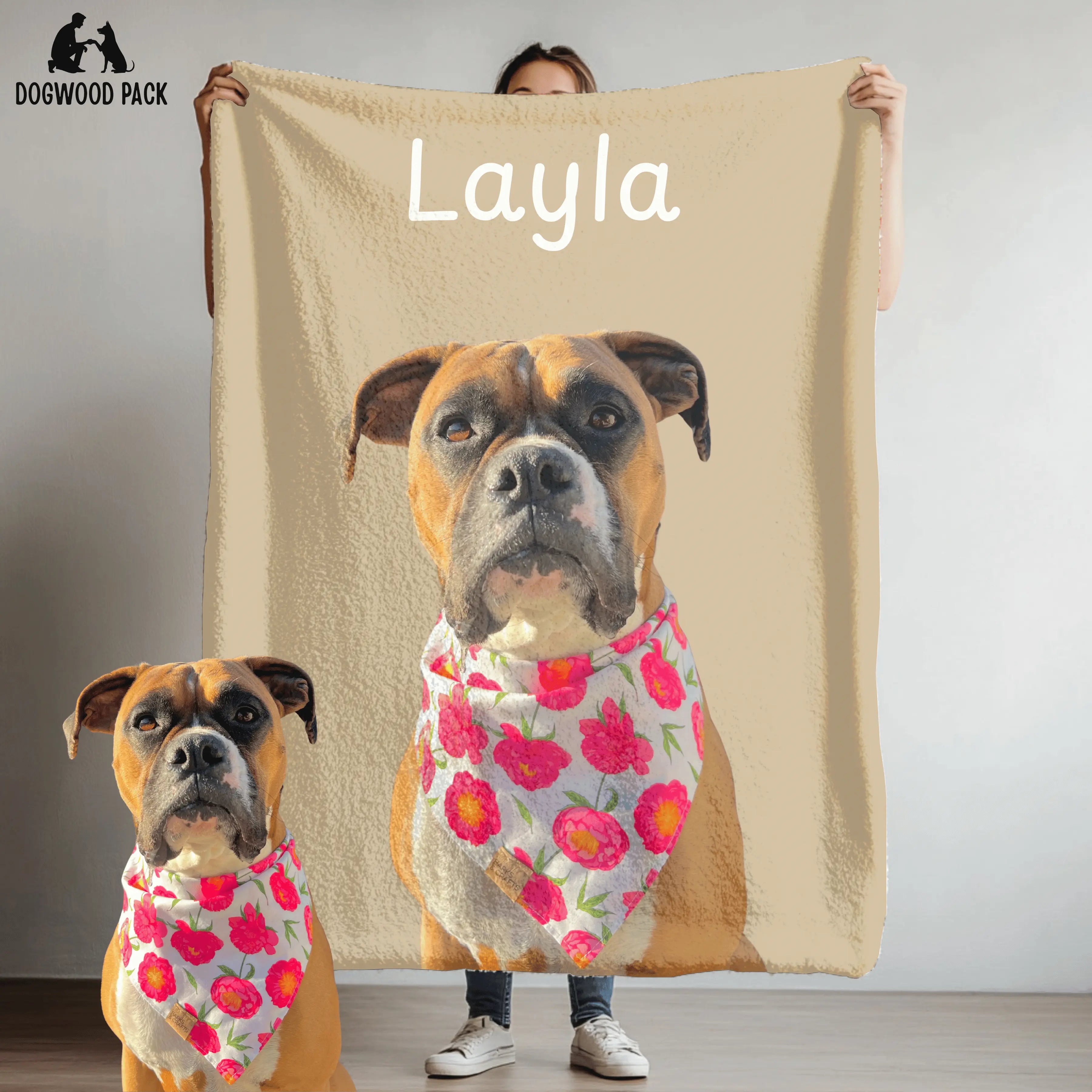 custom portrait dog blanket with name with a light tan background
