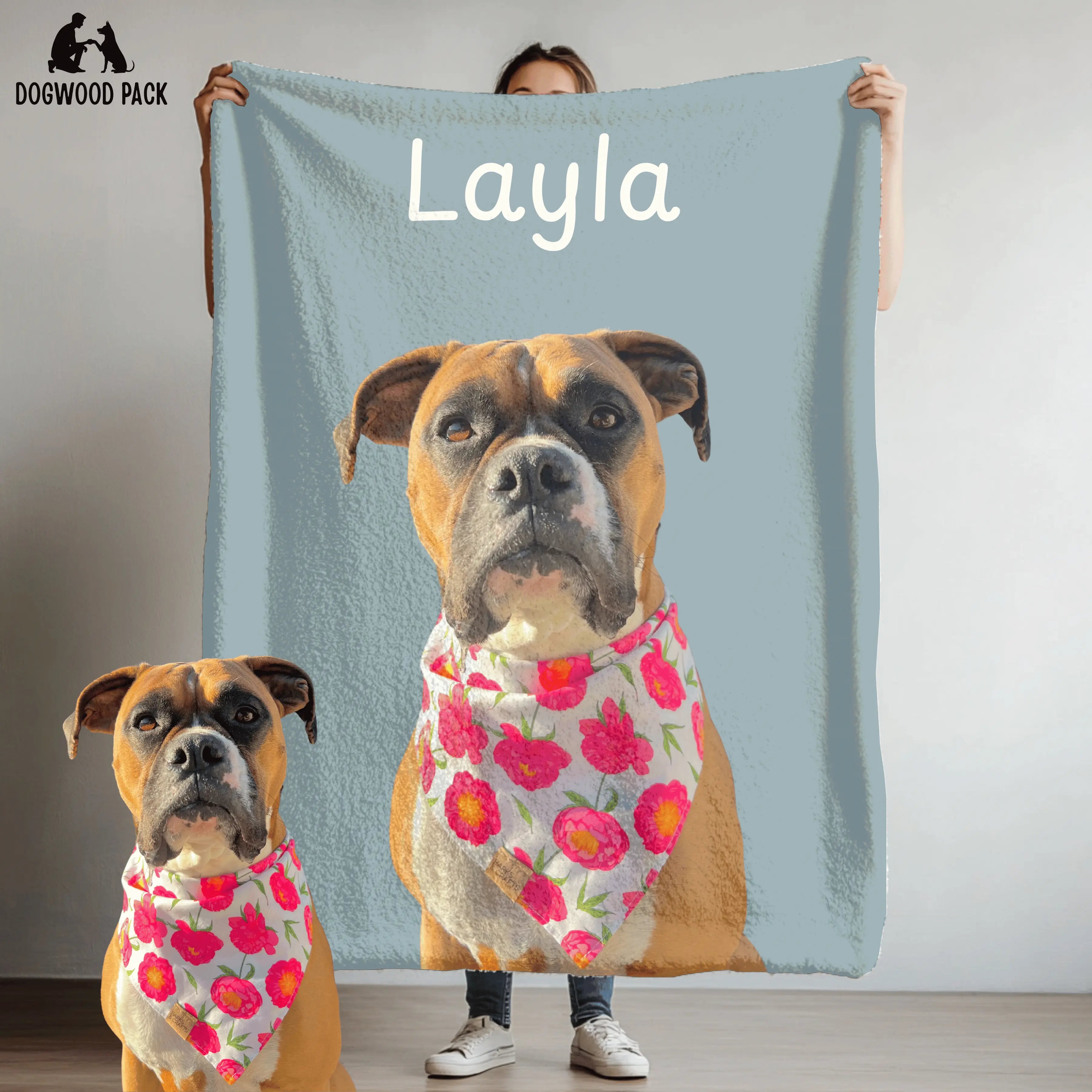 custom portrait dog blanket with name with a blue background