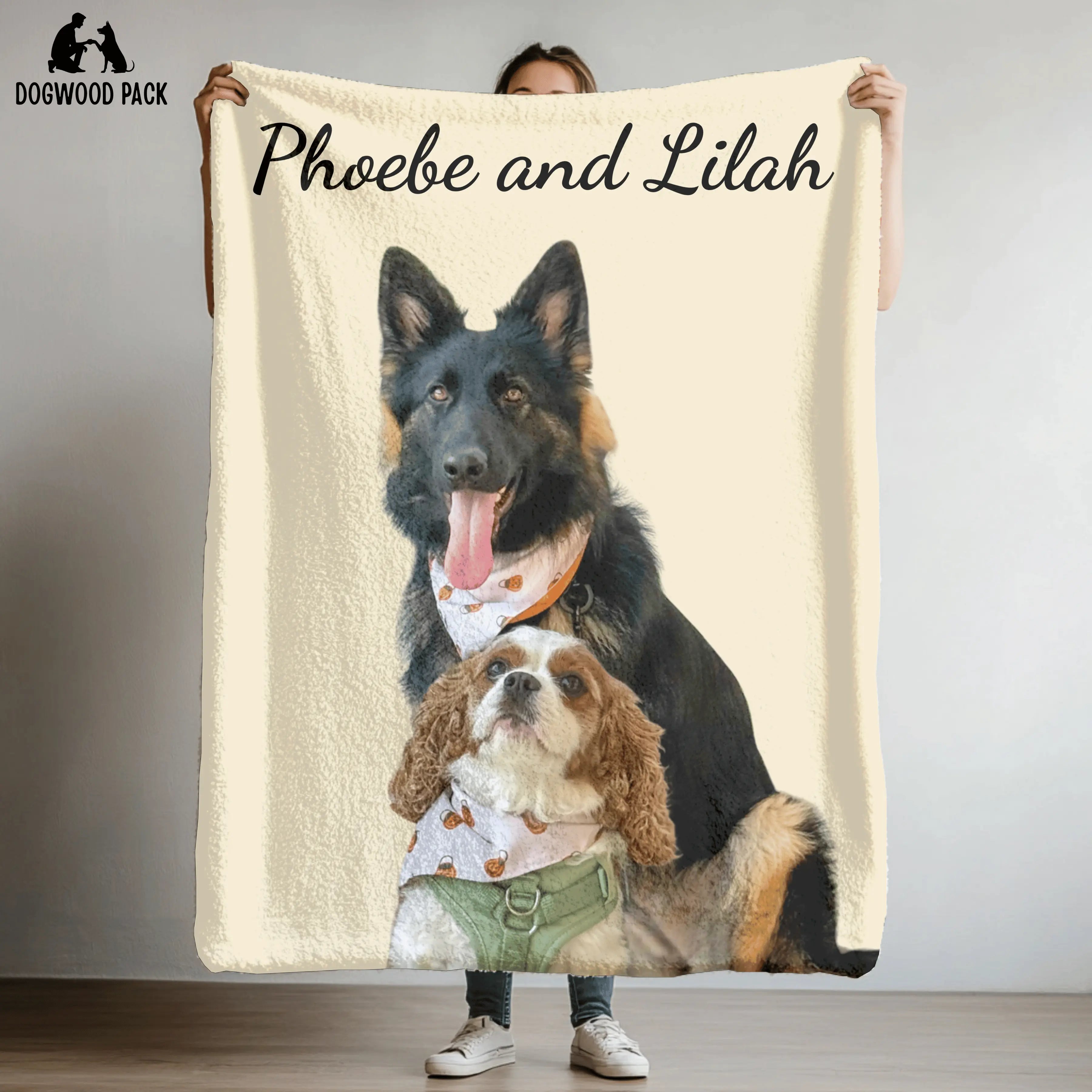 custom portrait dog blanket with name with multiple pets with a beige background