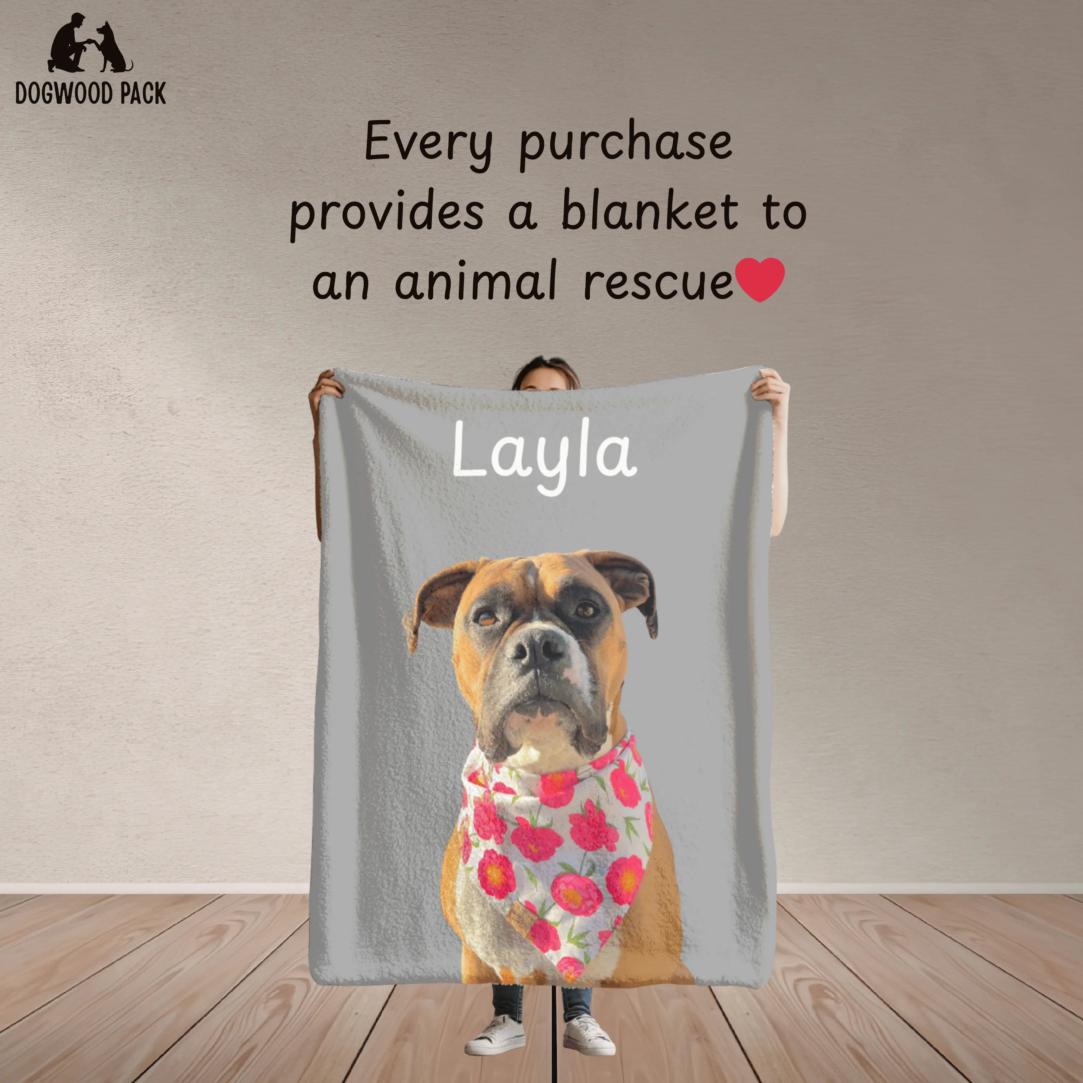 Every custom portrait dog blanket with name that is purchased donates a dog blanket to an animal rescue