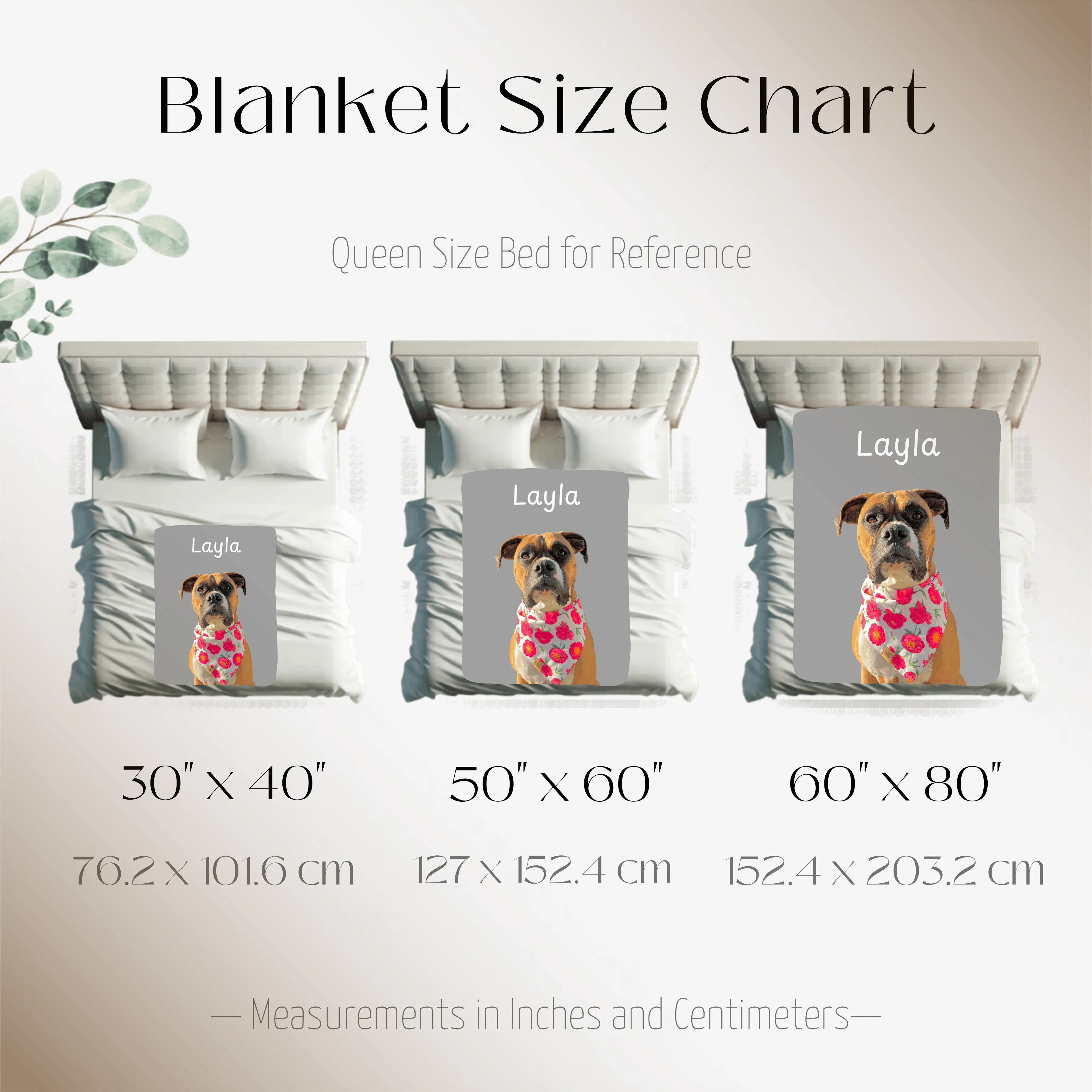 Blanket size guide for Dogwood Pack custom portrait dog blanket with name in plush and sherpa fabrics