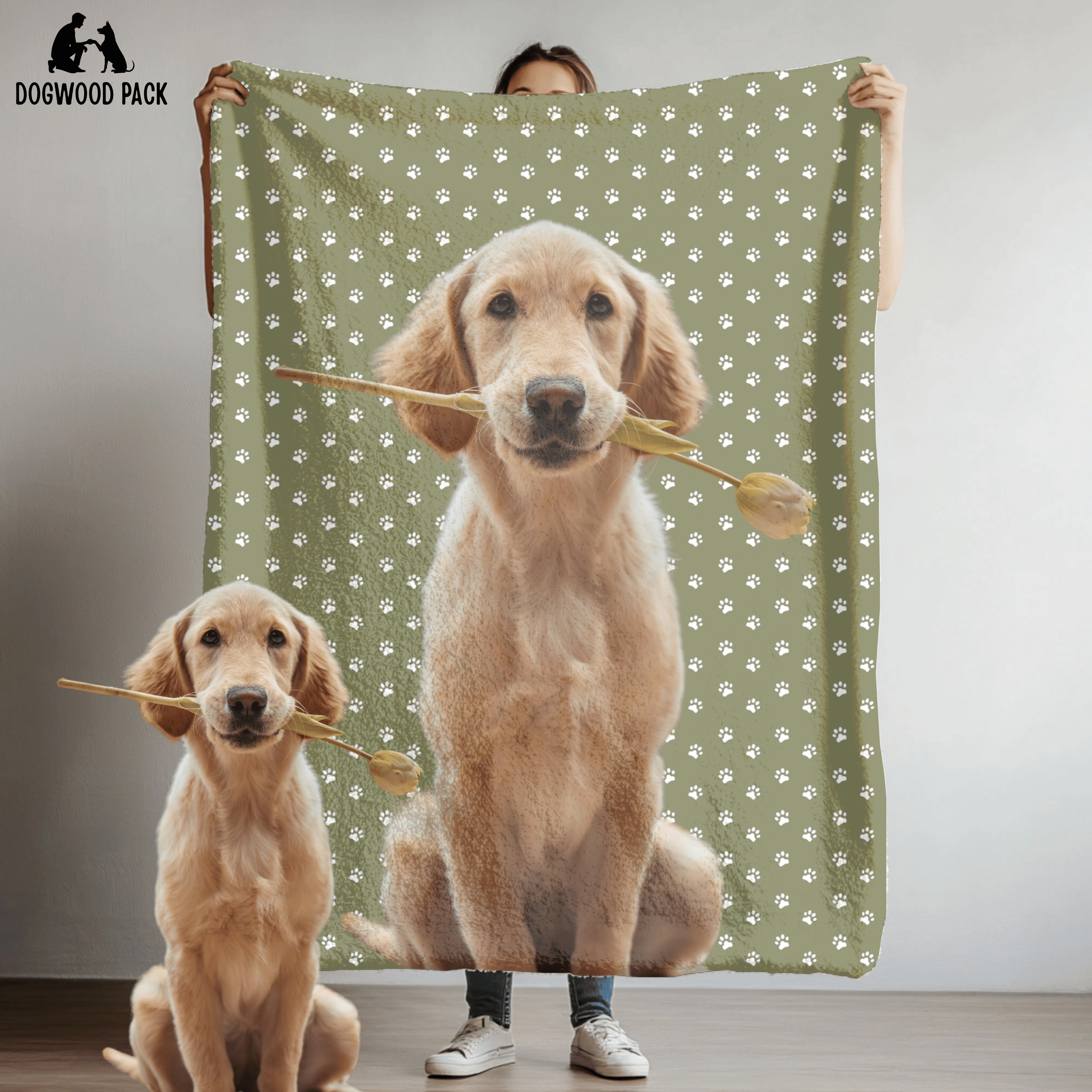 custom portrait dog blanket with a paw print design on a green background