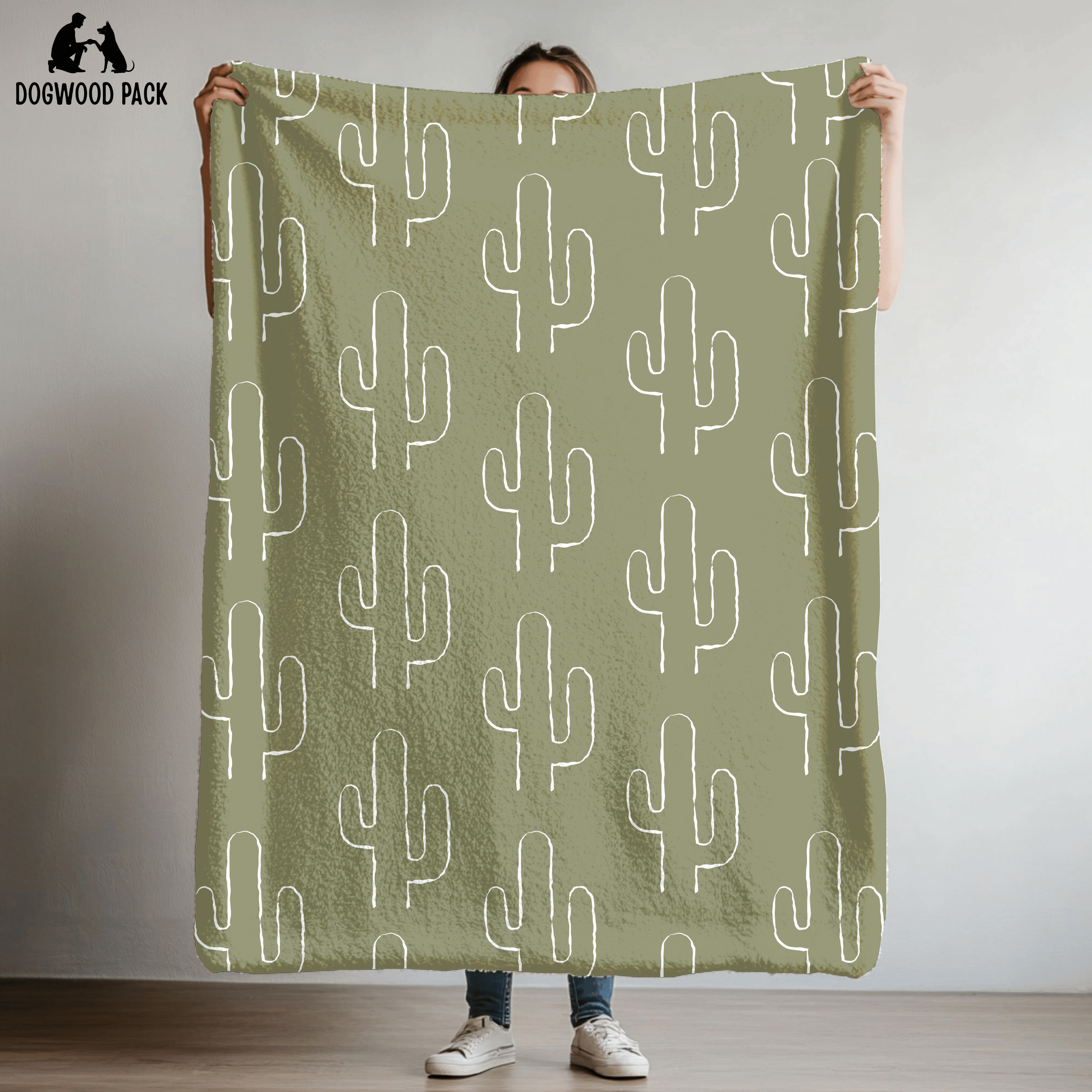 dog blanket with desert cactus design on a green background in plush and sherpa fabrics
