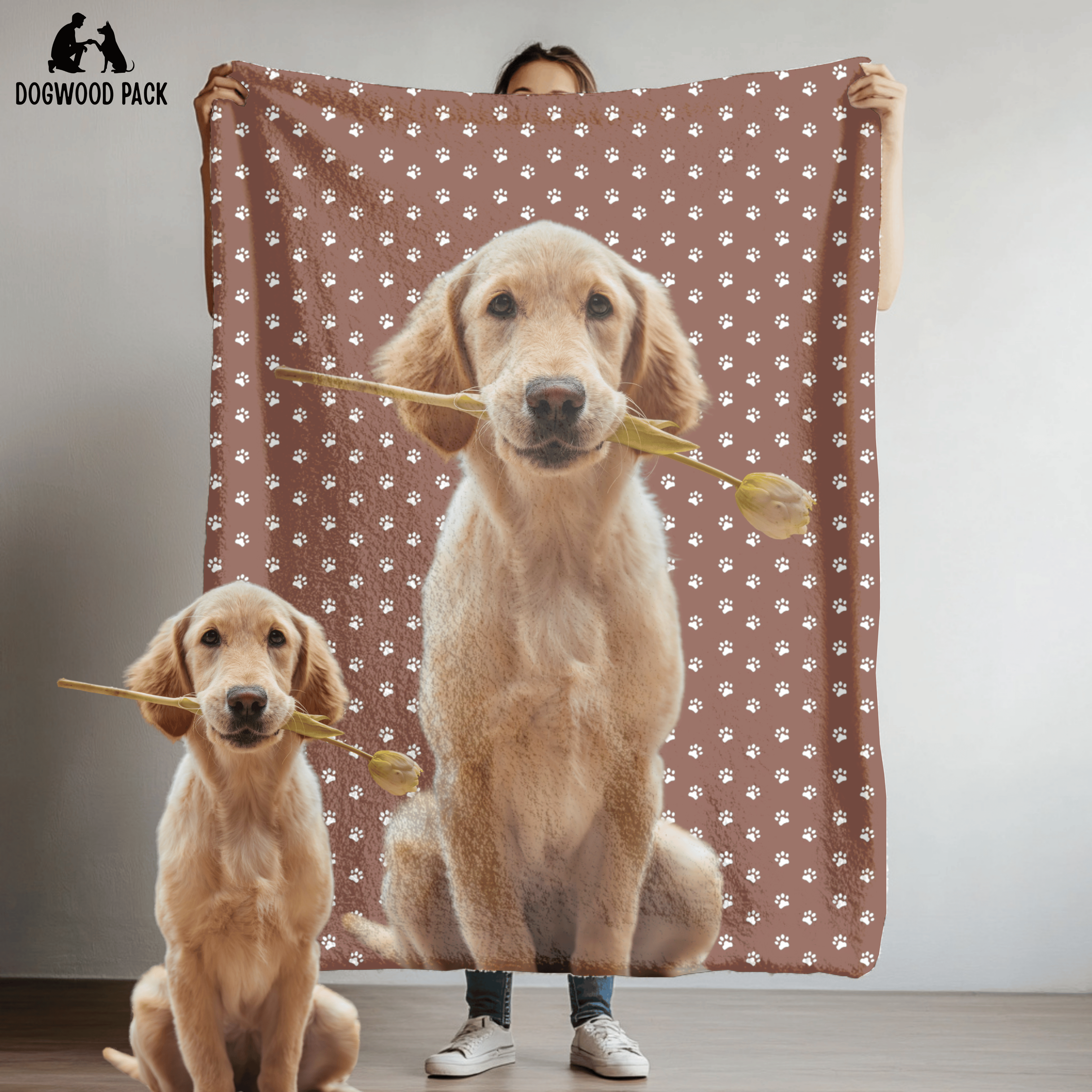 custom portrait dog blanket with a paw print design on a red background