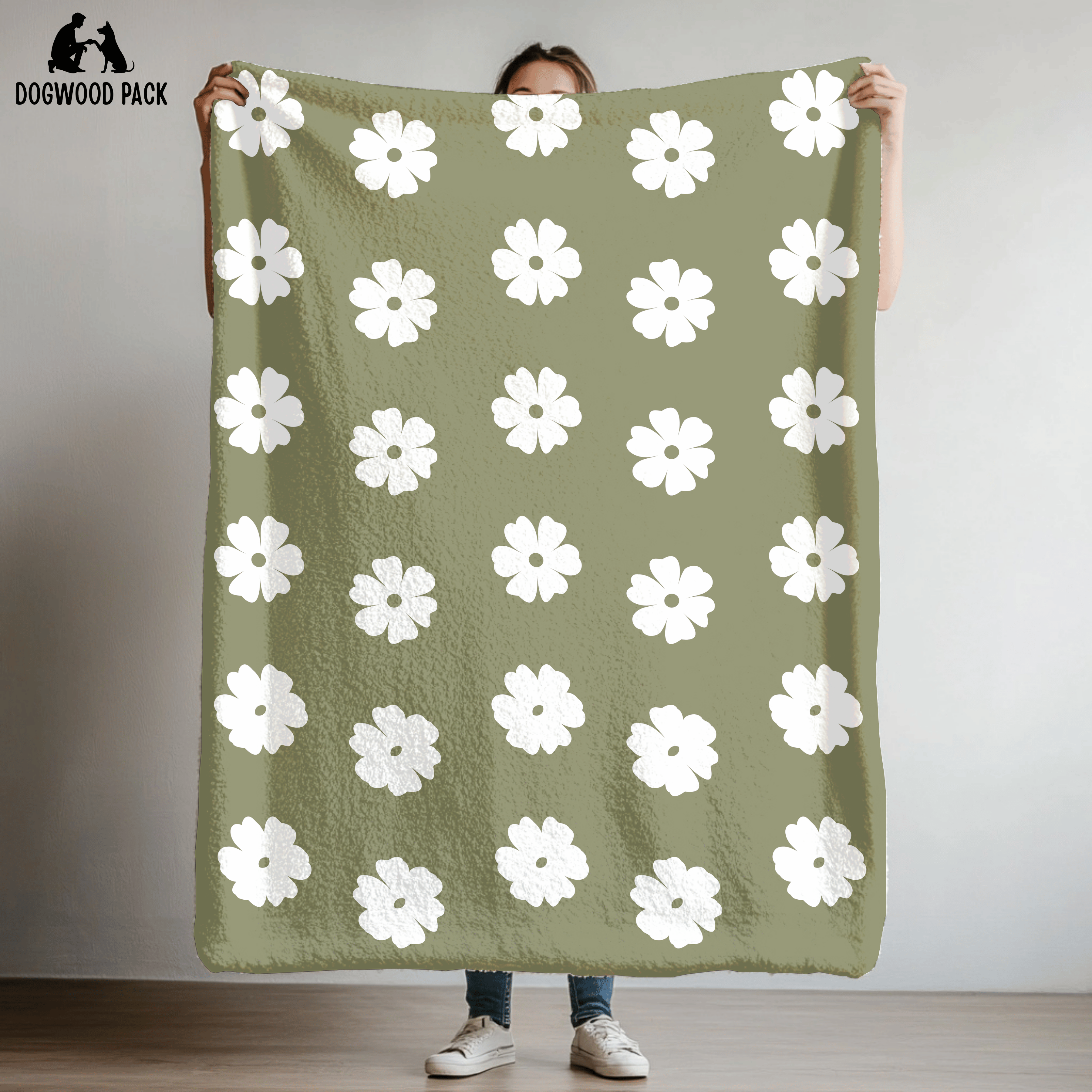 dog blanket with wildflower design on a green background in plush and sherpa fabrics