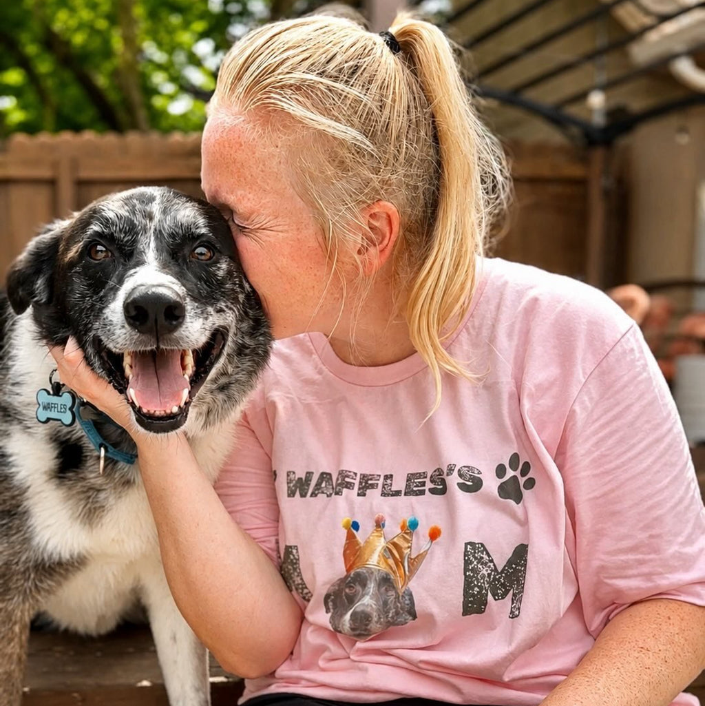 Woman with rescue dog wearing pink Custom Dog Shirt - Personalized Dog Mom T-Shirt With Face And Name