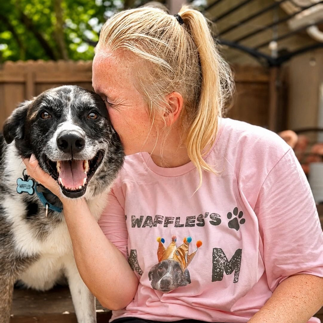 Woman with rescue dog wearing pink Custom Dog Shirt - Personalized Dog Mom T-Shirt With Face And Name