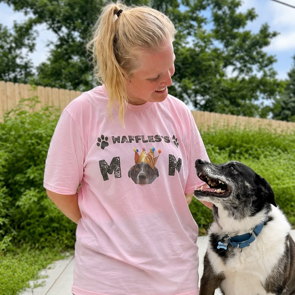 Woman with rescue dog wearing pink Custom Dog Shirt - Personalized Dog Mom T-Shirt With Face And Name