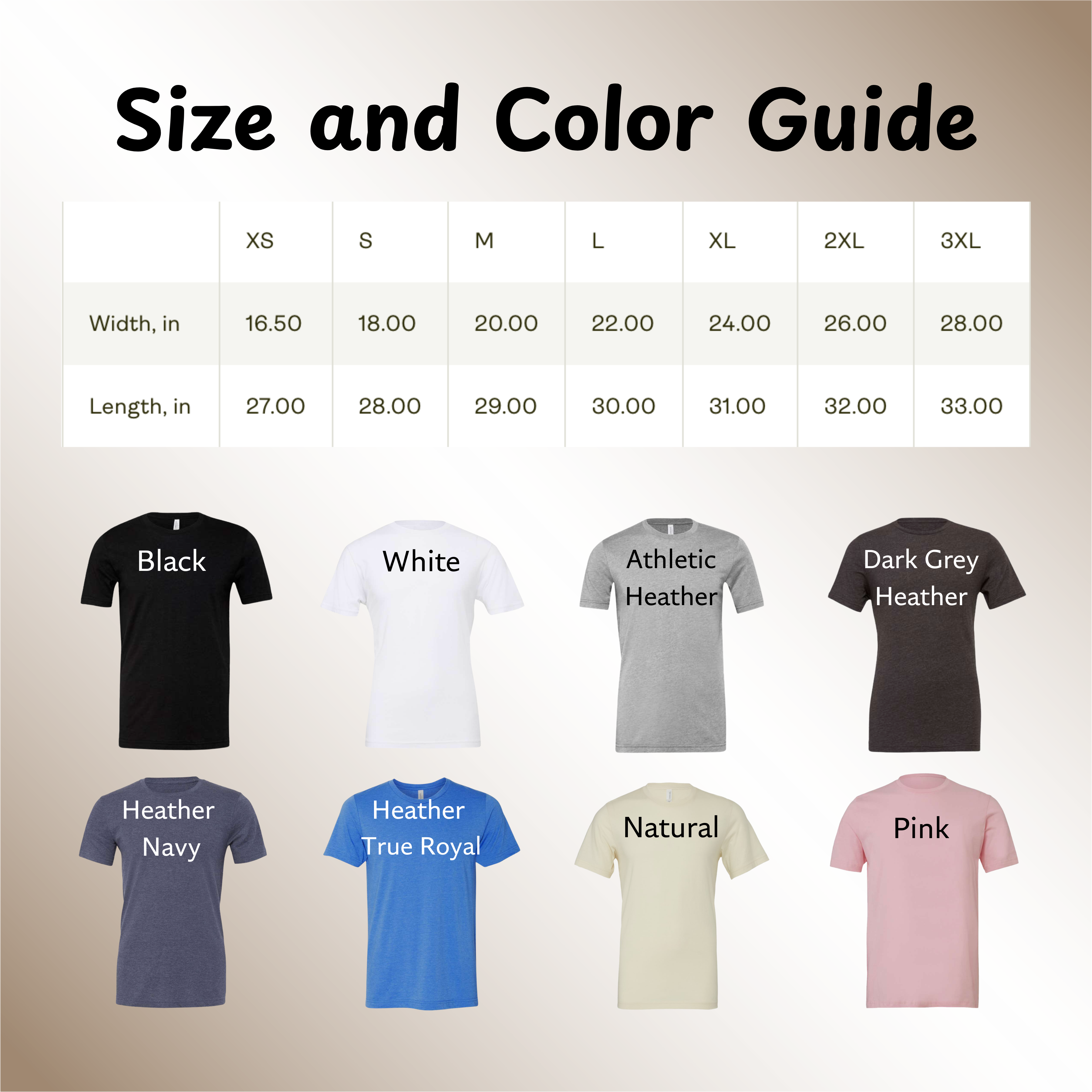 Bella Canvas 3001 Color and Size Guide