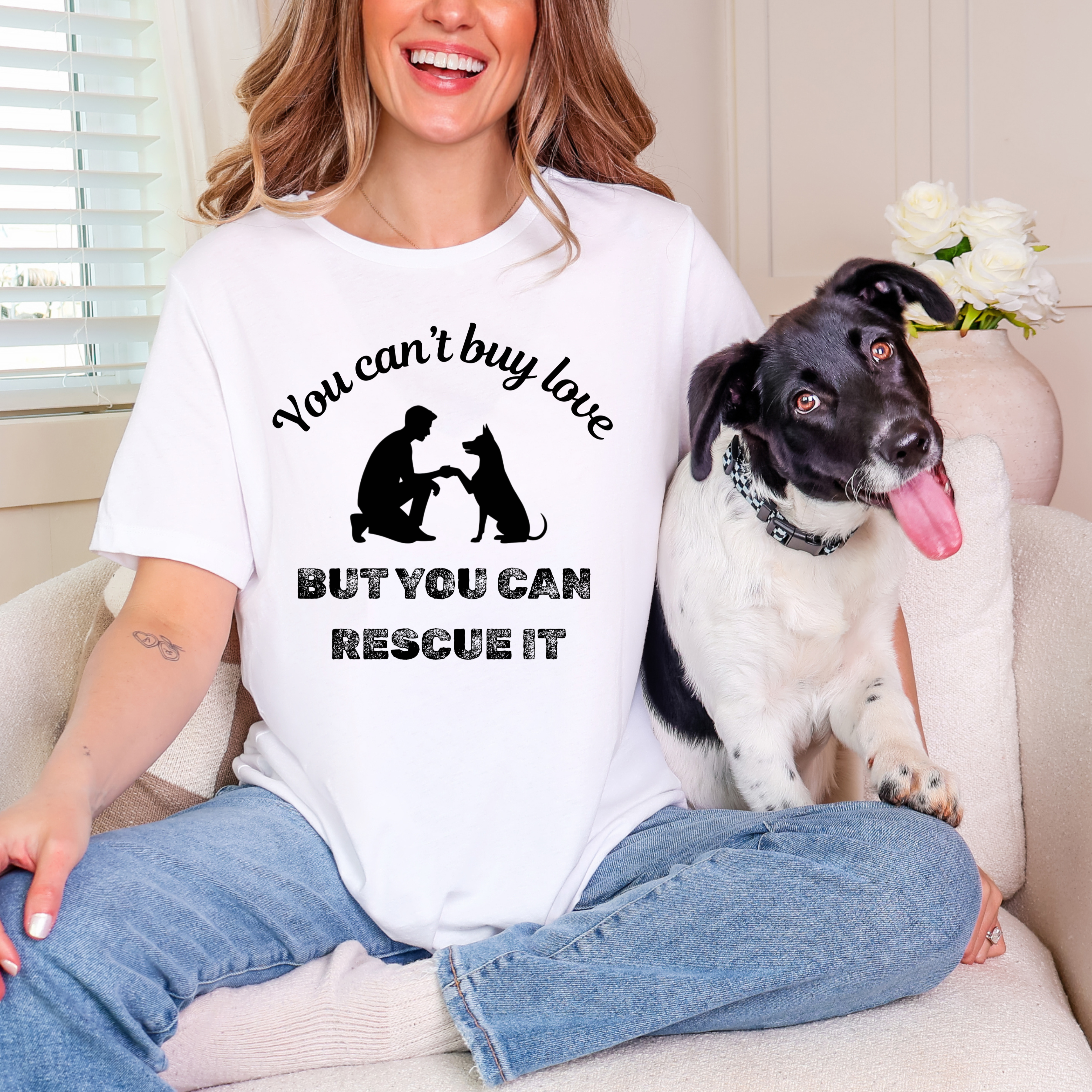 Girl with rescue dog wearing Adopt Don't Shop Shirt – You Can't Buy Love, But You Can Rescue It T-Shirt