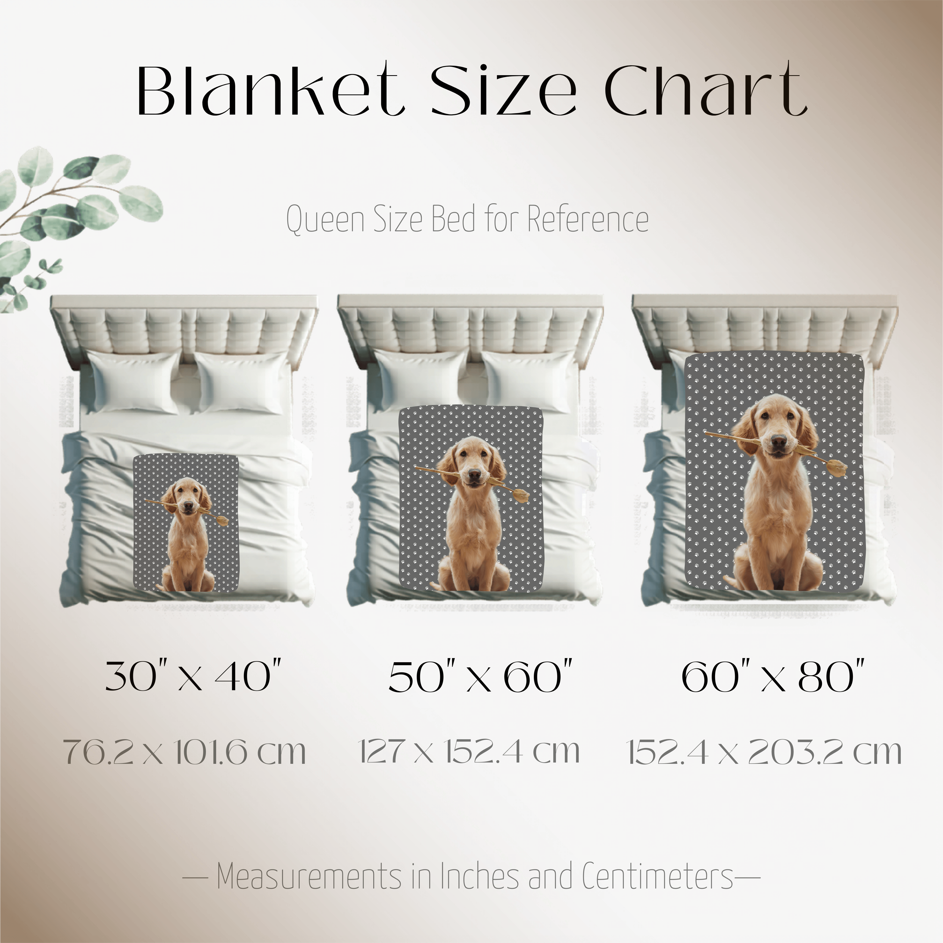 Blanket size guide for Dogwood Pack custom portrait dog blanket with paw print design in plush and sherpa fabrics