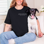 Girl wearing black Bella canvas Adoption Awareness Shirt with her rescue dog- Adopt Don't Shop T-Shirt 