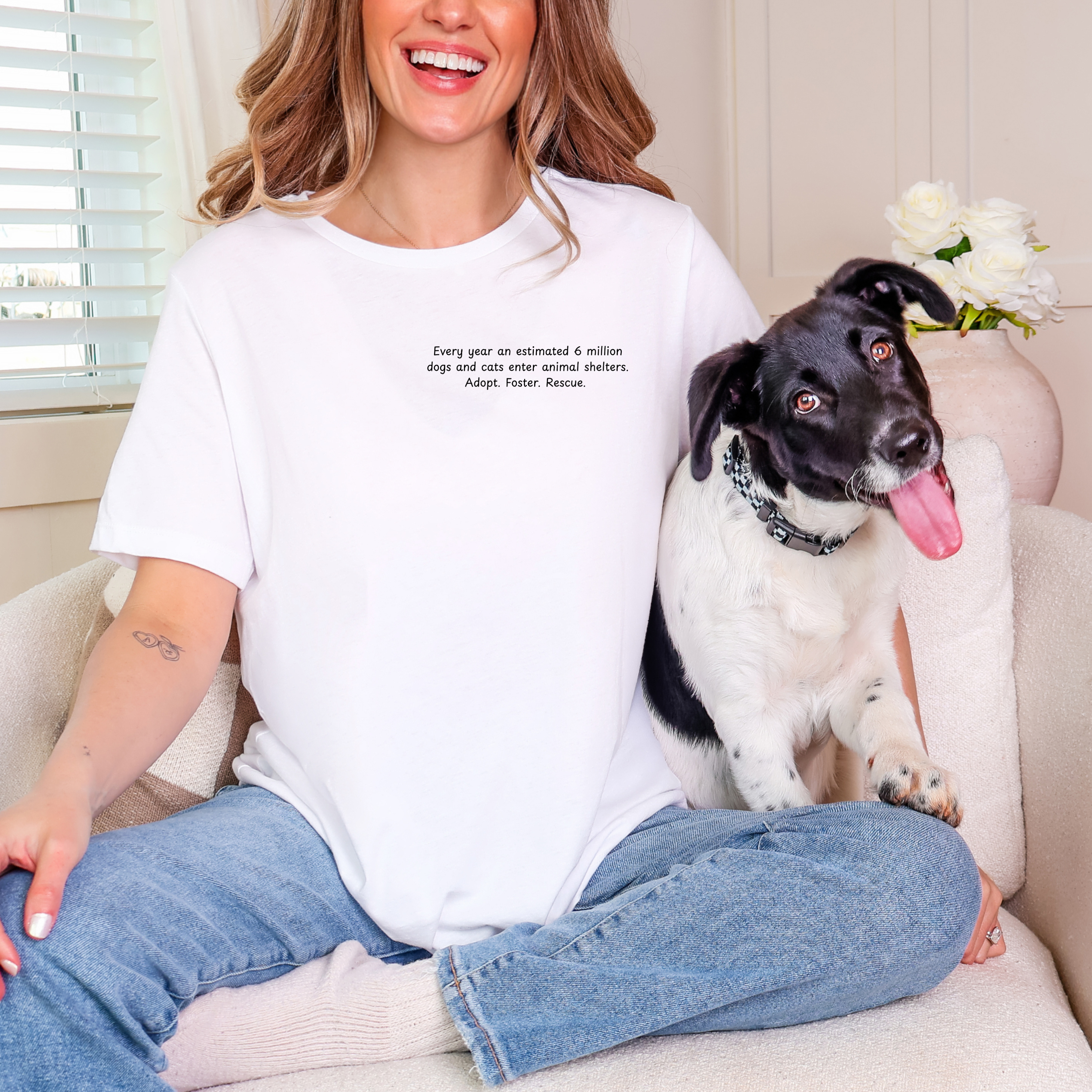 Girl wearing white Adoption Awareness Shirt with her rescue dog- Adopt Don't Shop T-Shirt