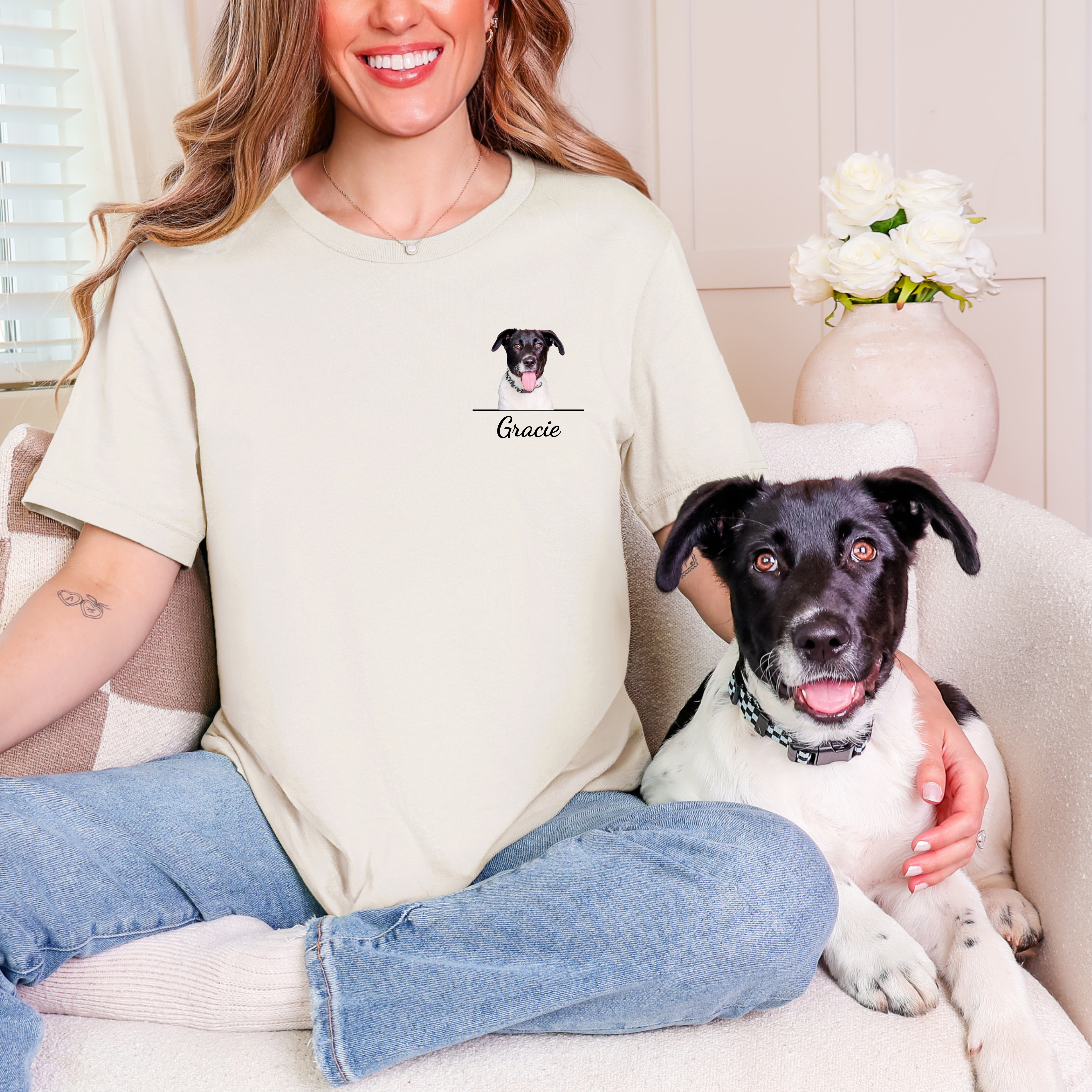 Custom Dog Shirt - Personalized Dog Mom Portrait T-Shirt With Name