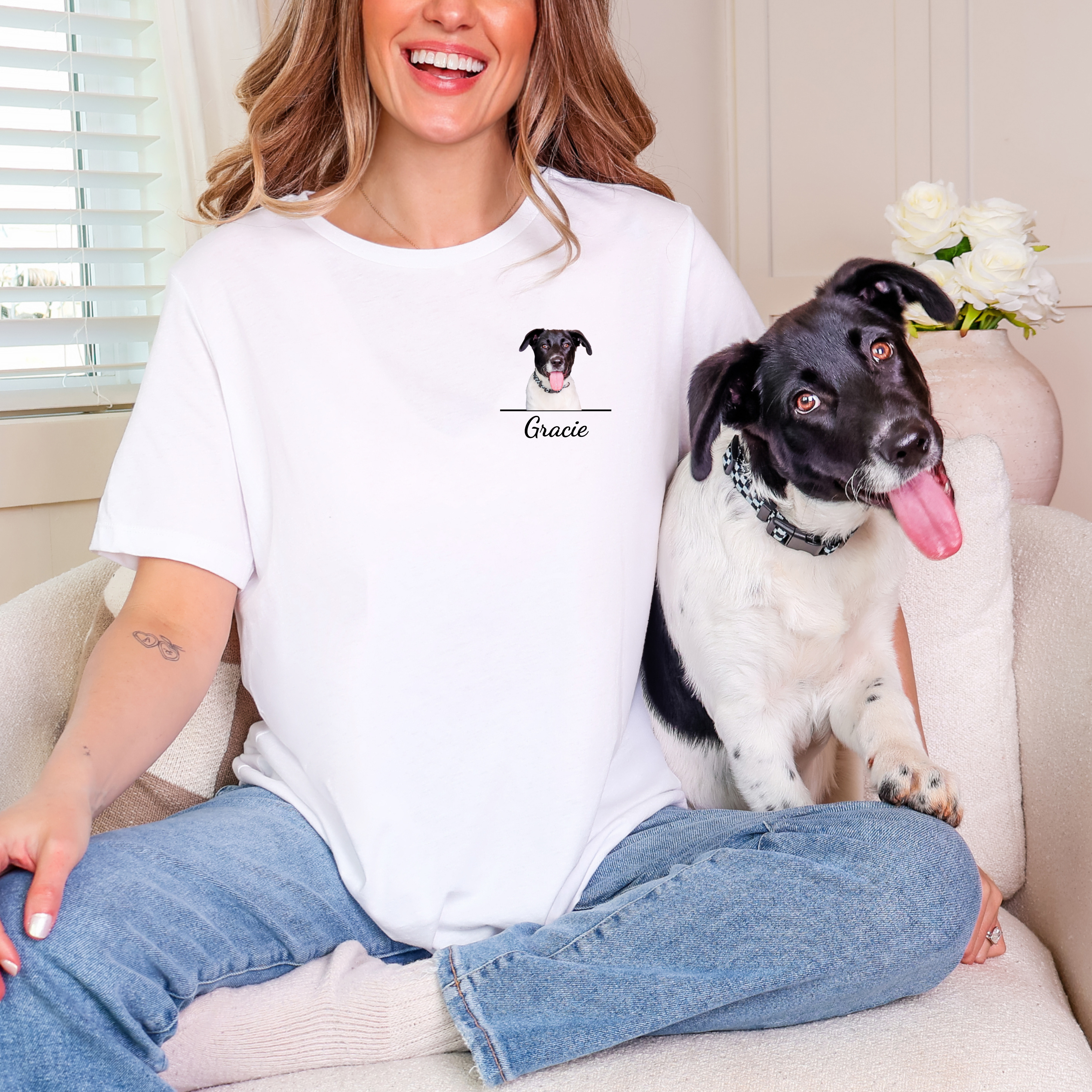 Custom Dog Shirt - Personalized Dog Mom Portrait T-Shirt With Name