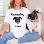 Woman with rescue dog wearing Custom Dog Shirt - Personalized Rescue T-Shirt With Face And Name that helps provide comfort to shelter dogs 