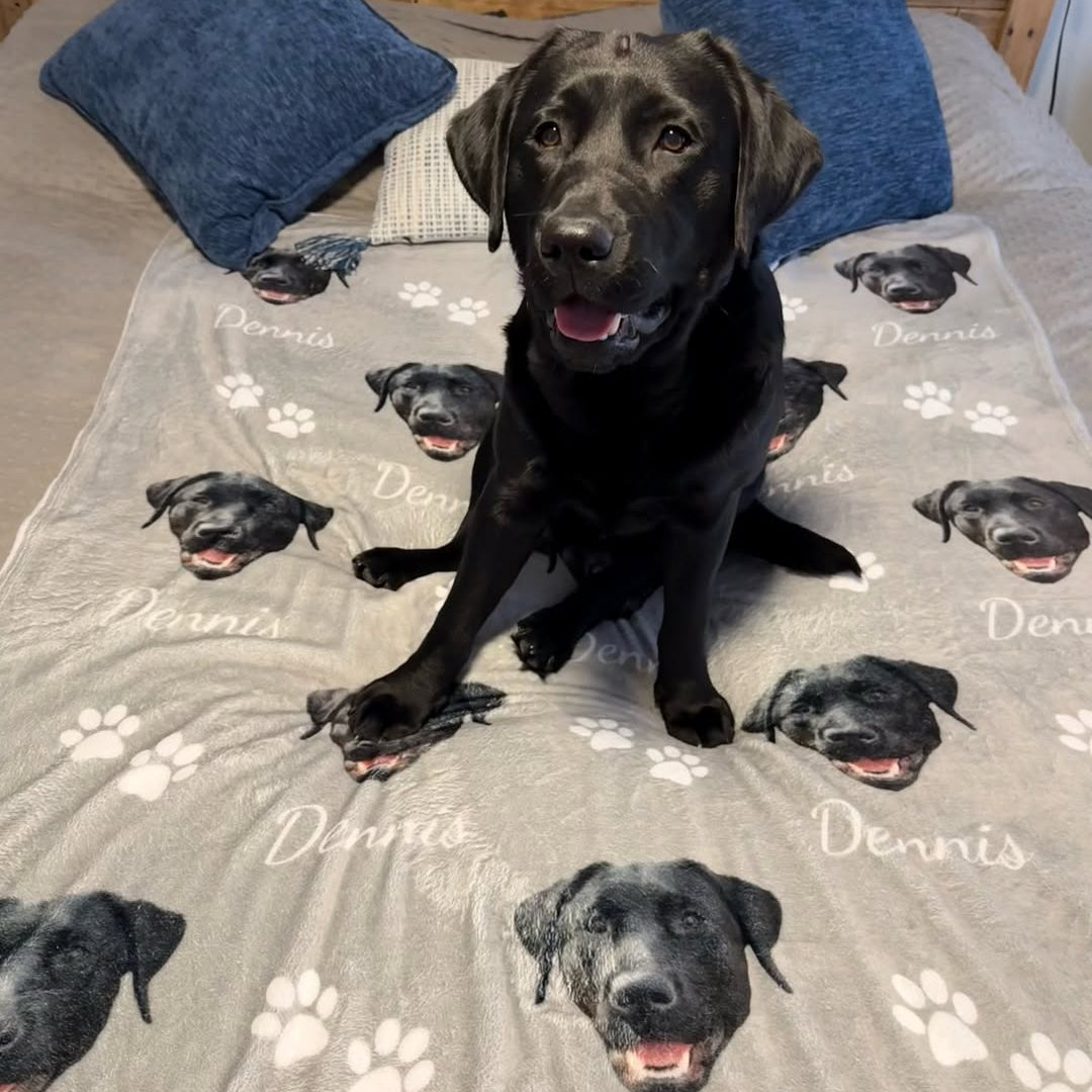 Dennis the black lab laying on soft Custom Dog Blanket - Personalized Pet Blanket with Face and Name