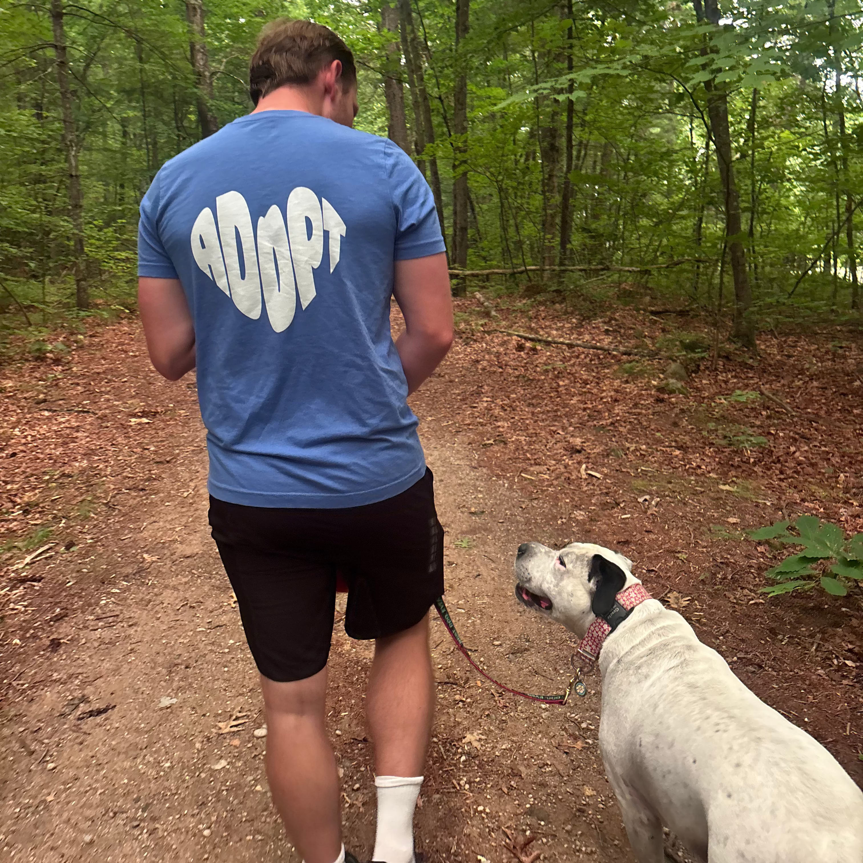 Guy wearing comfortable Adopt Don't Shop Shirt – Adopt Foster Rescue Awareness Tee with Rescue Pitbull