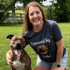Woman with rescue dog wearing Custom Dog Shirt - Personalized Rescue T-Shirt With Face And Name that helps provide comfort to shelter dogs 